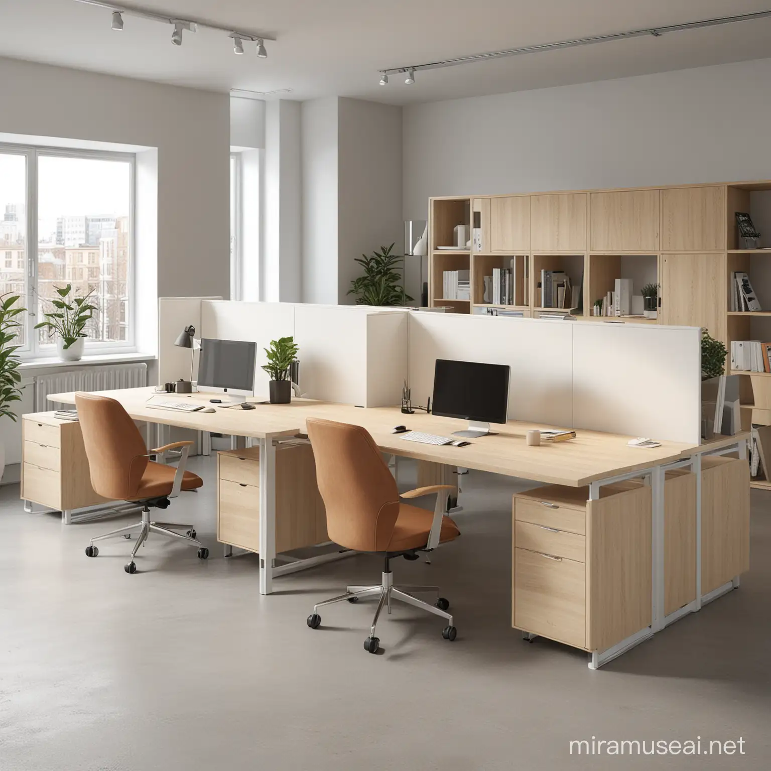 Scandinavian Style Open Office Workstation with Divider Panel Legs and Modular Design