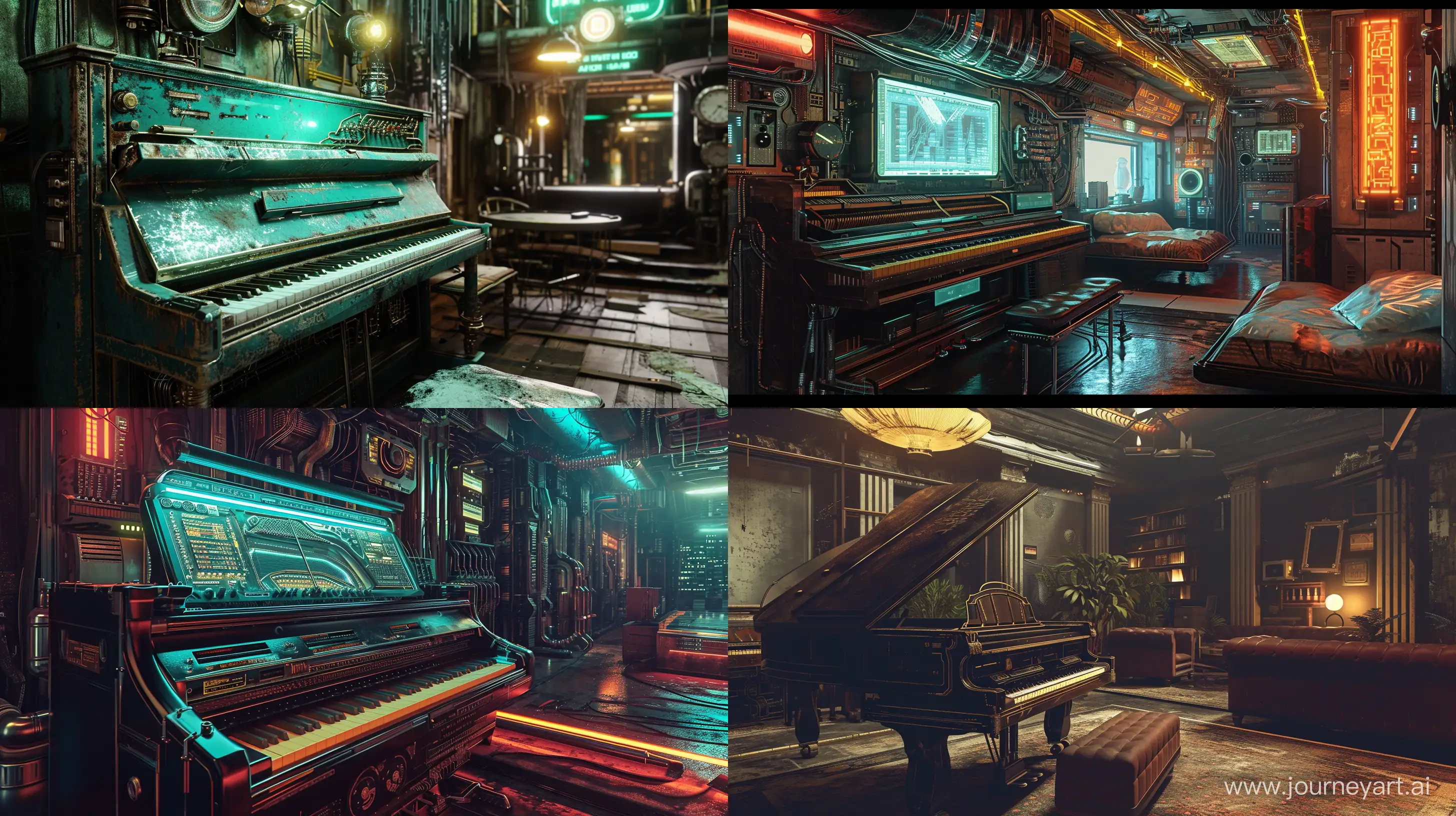 A cyberpunk piano in a cyberpunk room, with intricate details, hyper-realistic. --ar 16:9 --v 6 