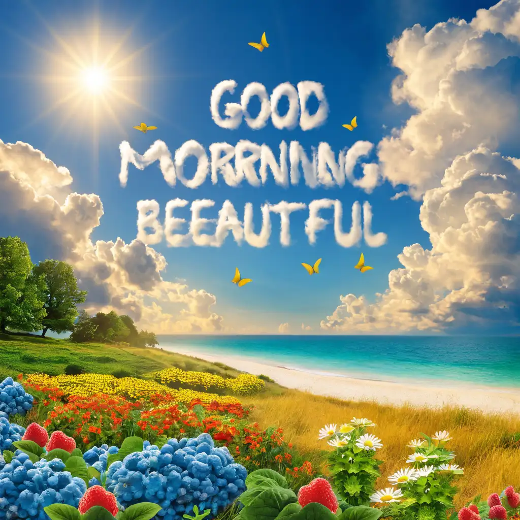 produce same image as uploaded but to look realistic and as much close to nature as possible. clouds to look more realistic Make sure you keep all elements as is including the slogan "GOOD MORNING BEAUTIFUL"
