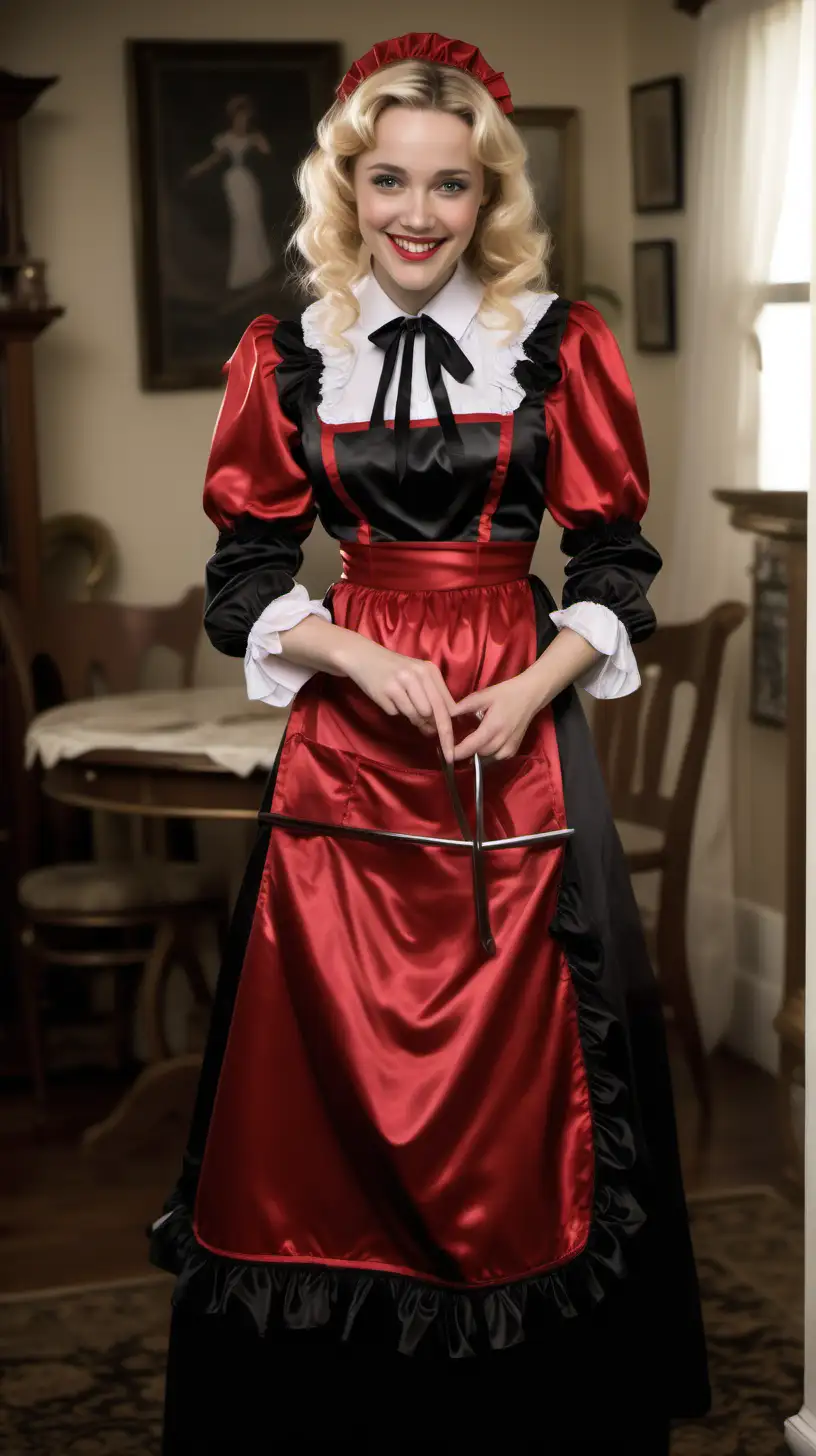 girls in long crystal silk satin red black lila retro victorian maid gown with red apron and peter pan colar and long and short sleeves costume and milf mothers long blonde and red hair,black hair rachel macadams  smile in house