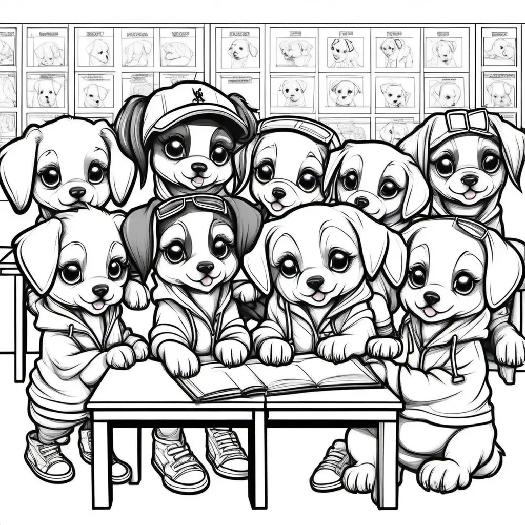 two groups of cute Hip Hop female puppies in classroom in school, clear lines no shading, coloring pages 