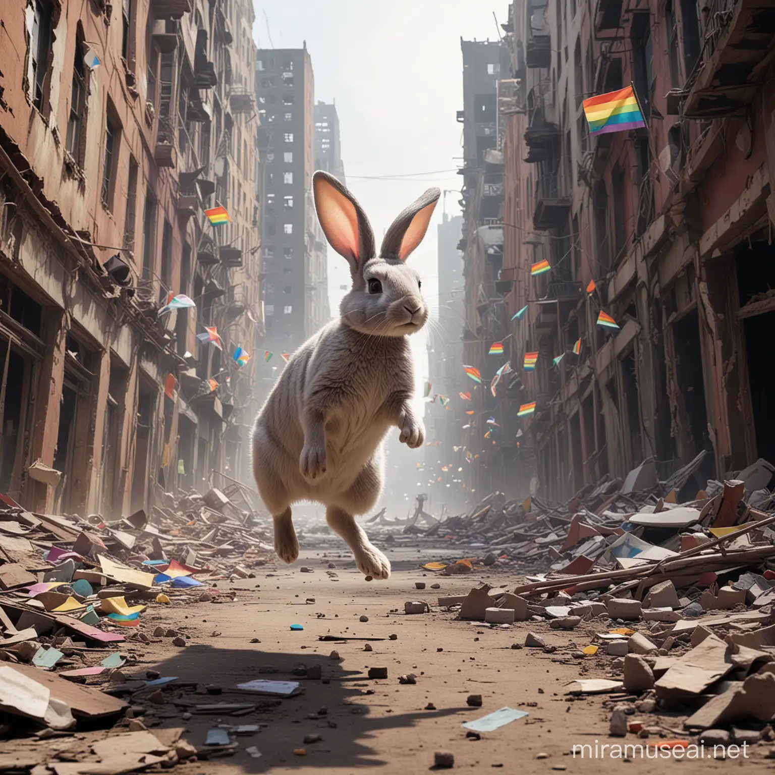 a bunny hopping about a destroyed dystopian city. the city is loaded with rainbow flags