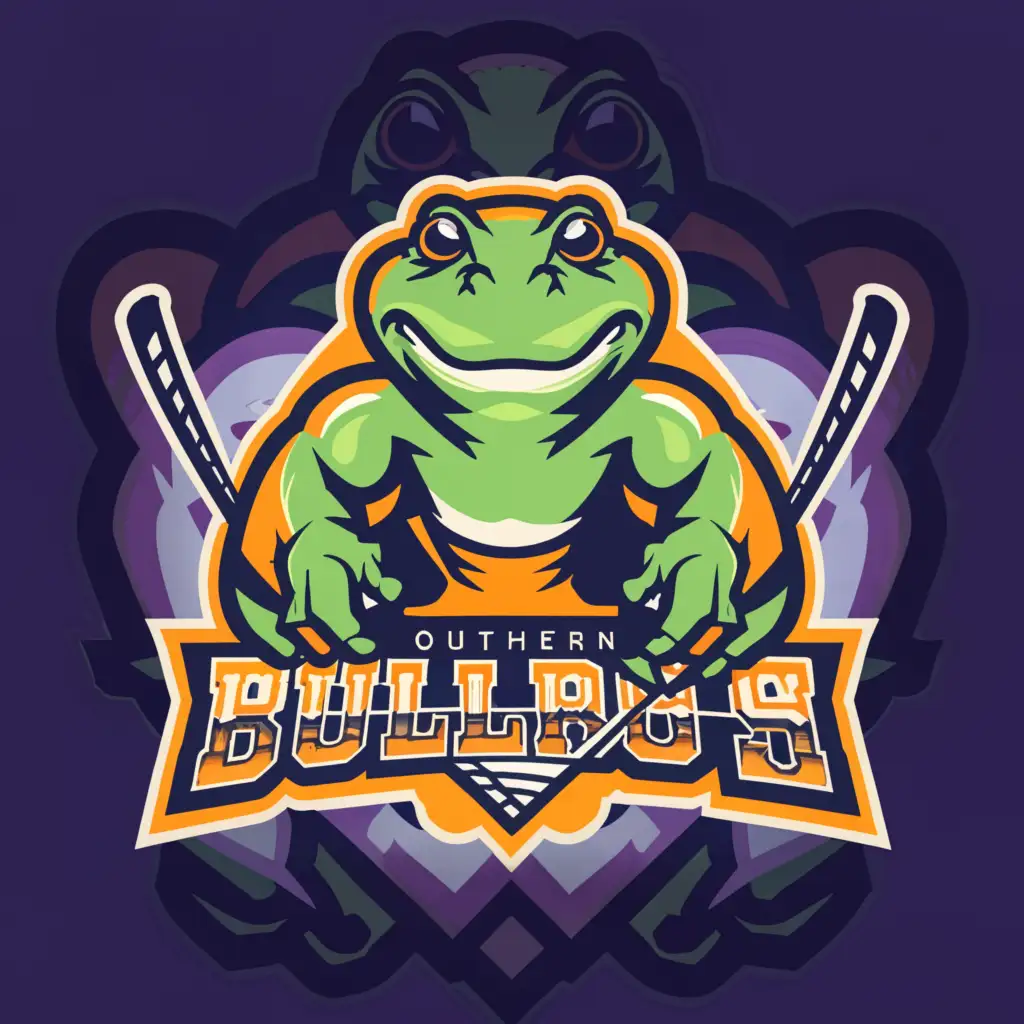 a logo design,with the text "Team Name: SoCal Bullfrogs", main symbol:Logo Concept:  
The logo features a stylized bullfrog wearing a hockey helmet, skates and holding a hockey stick, positioned in a dynamic stance as if ready to play. The bullfrog is depicted with a determined expression on its face, emphasizing the team's competitive spirit and resilience.  
Surrounding the bullfrog are elements inspired by Southern California, including palm trees, waves, and a vibrant sunset backdrop, which reflect the region's natural beauty and laid-back lifestyle. In the background, there's a silhouette of the Anaheim skyline, paying homage to the Bullfrogs' hometown and adding a sense of local pride to the design.  
The team name, 'SoCal Bullfrogs,' is prominently displayed in bold, modern lettering below the logo, with each word in a different color to create visual interest and capture the vibrant energy of the team. The font style is clean and contemporary, with subtle retro elements that nod to the Bullfrogs' legacy.  
Overall, the logo combines elements from the original Anaheim Bullfrogs logo with a fresh and modern aesthetic inspired by the unique culture and landscape of Southern California. It's a unique and memorable representation of your roller hockey team's identity that honors the past while embracing the future. 
,complex,be used in Sports Fitness industry,clear background
