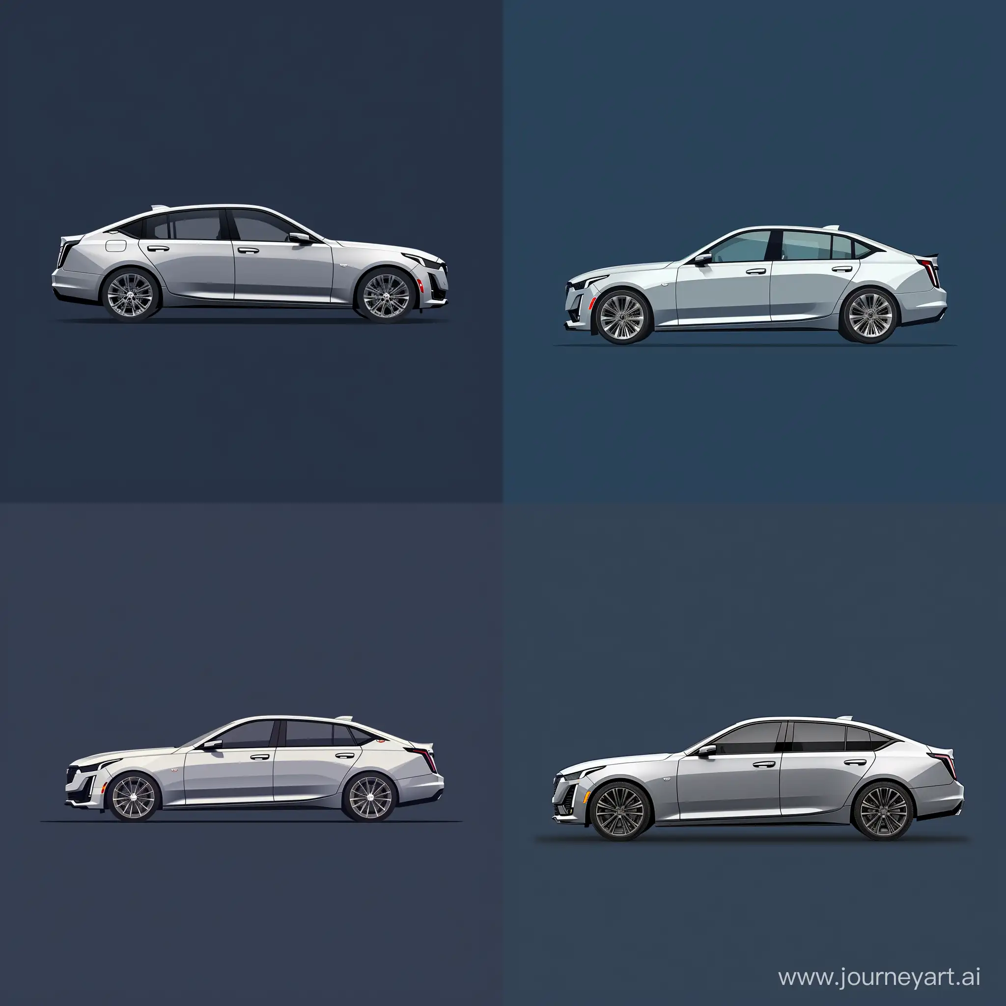 Minimalist 2D Illustration of: Silver Cadillac CT5, Simple Navy Blue Background, Photography at 45°, Adobe Illustrator Software, High Precision