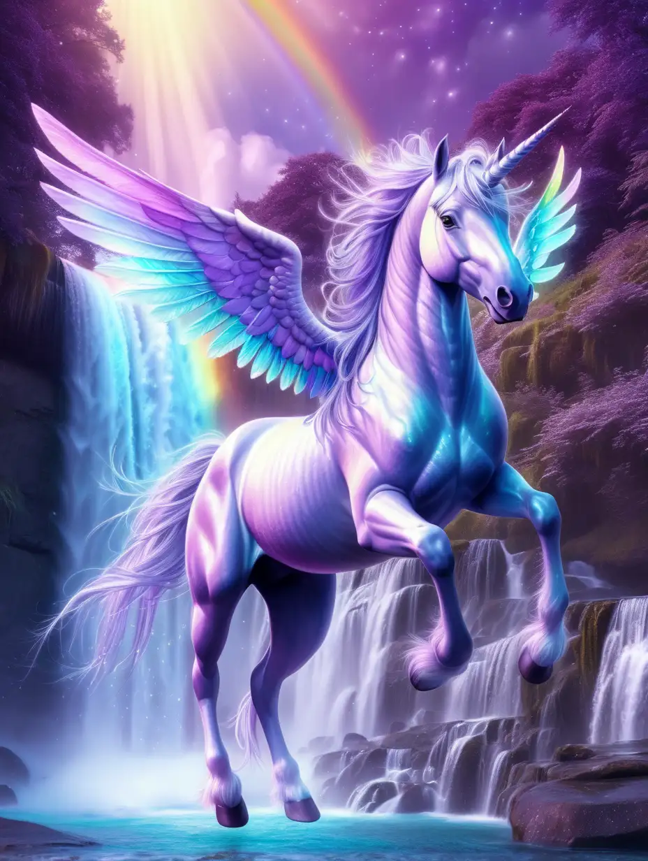 iridescent purple magical glowing unicorn with mystical silvery wings shining in the moonlight as it soars in front of a rainbow waterfall