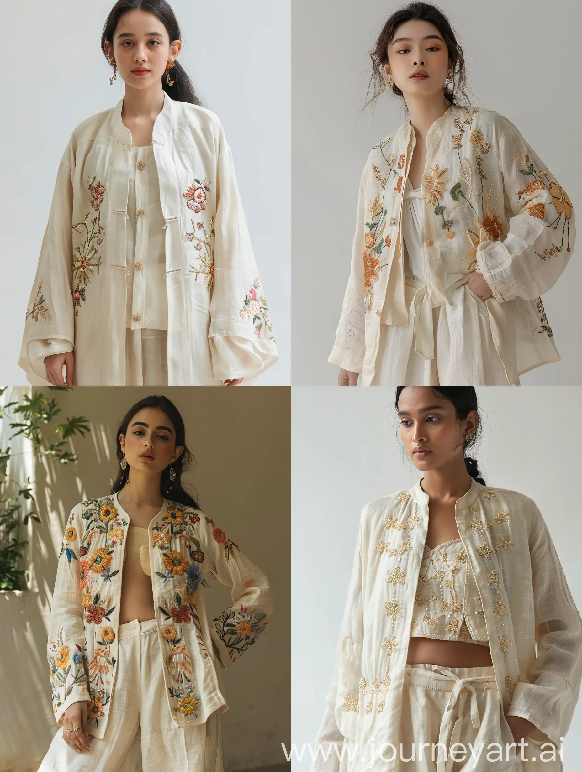Jacket, handmade embroidery, linen material, with pants, cream color