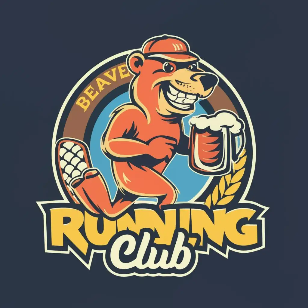 logo, running beaver carrying beer mug, with the text "beaver running club", typography, be used in Sports Fitness industry