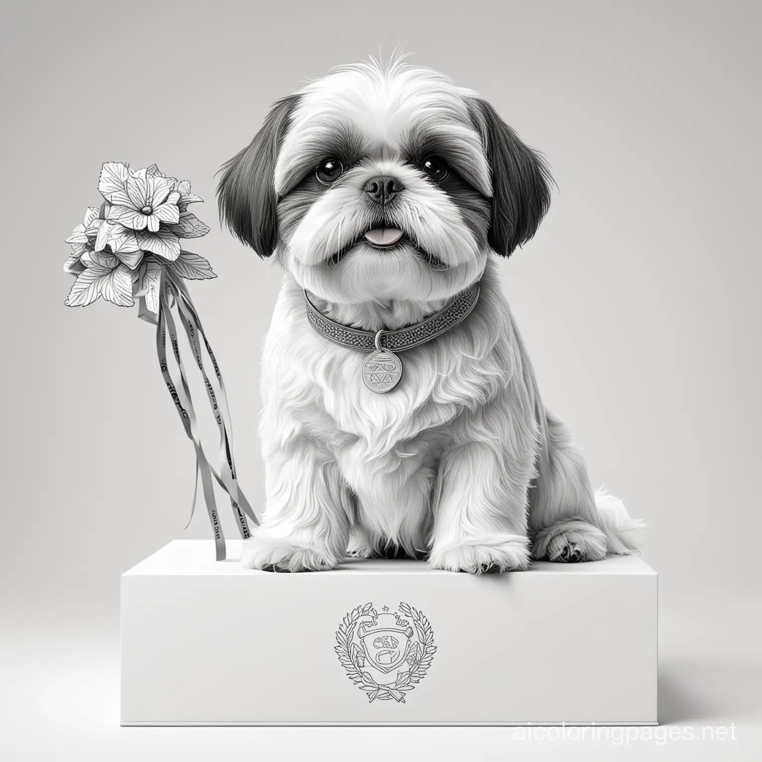 a Shih Tzu olympic champion on podium
, Coloring Page, black and white, line art, white background, Simplicity, Ample White Space. The background of the coloring page is plain white to make it easy for young children to color within the lines. The outlines of all the subjects are easy to distinguish, making it simple for kids to color without too much difficulty
