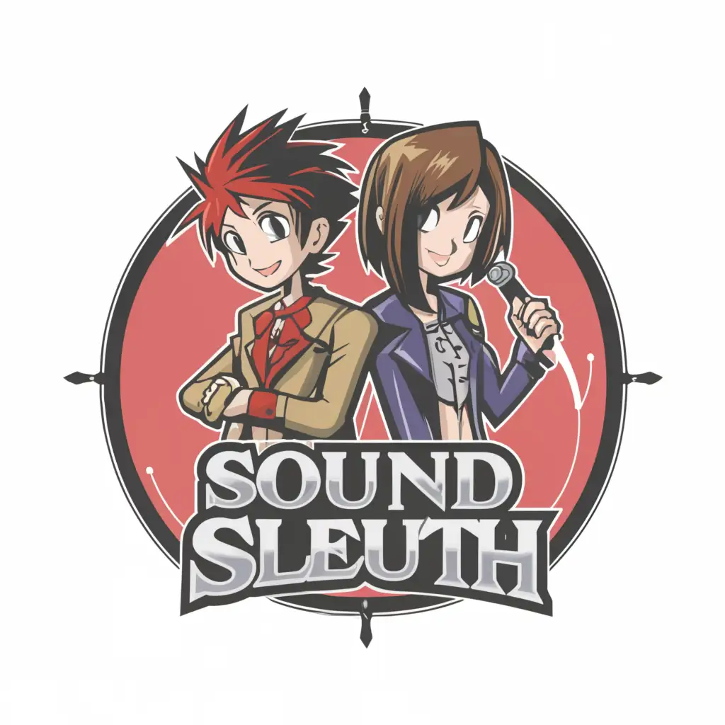 a logo design,with the text "Sound Sleuth", main symbol:A dynamic duo of anime-style characters, a boy and a girl, working together as audio detectives. The image should convey teamwork, investigation, and sound expertise.
The Boy should be
 Late teens to early twenties
 Short, spiky, and messy hair 
Clothing Casual, modern outfit with a detective-inspired twist (e.g., a fedora, a trench coat, or a Sherlock-style shirt)
Accessories Magnifying glass, possibly with a built-in flashlight or audio analyzer
Girl Late teens to early twenties
Long, curly, and vibrant hair (perhaps with a few music-inspired hair accessories)
Trendy, modern outfit with a music-inspired twist (e.g., a guitar-print shirt, a music note-patterned skirt, or a pair of headphones-inspired earrings)
Accessories Headphones, possibly with a built-in microphone or audio analyzer
The duo should be standing back-to-back, symbolizing their partnership and complementary skills.
The boy should be holding the magnifying glass, with his arm extended, as if examining a sound wave or audio clue.
The girl should be wearing the headphones, with her eyes closed, as if intensely listening to a sound or audio signal.
The background should be a stylized sound wave or audio spectrum, with subtle musical notes or audio-inspired patterns.
The color scheme should be a balance of cool blues and warm oranges, representing the harmony of sound and investigation.
The image should be created in a vibrant, dynamic anime style, with bold lines, expressive facial expressions, and detailed textures.
Incorporate subtle audio-inspired visual effects, such as sound waves or music notes, to enhance the image's depth and visual interest.
The image should be designed to accommodate the "Sound Sleuth" logotype, potentially in a curved or circular arrangement around the duo.
The logotype should be modern, clean, and easy to read, with a font that complements the anime style.,Moderate,be used in Entertainment industry,clear background