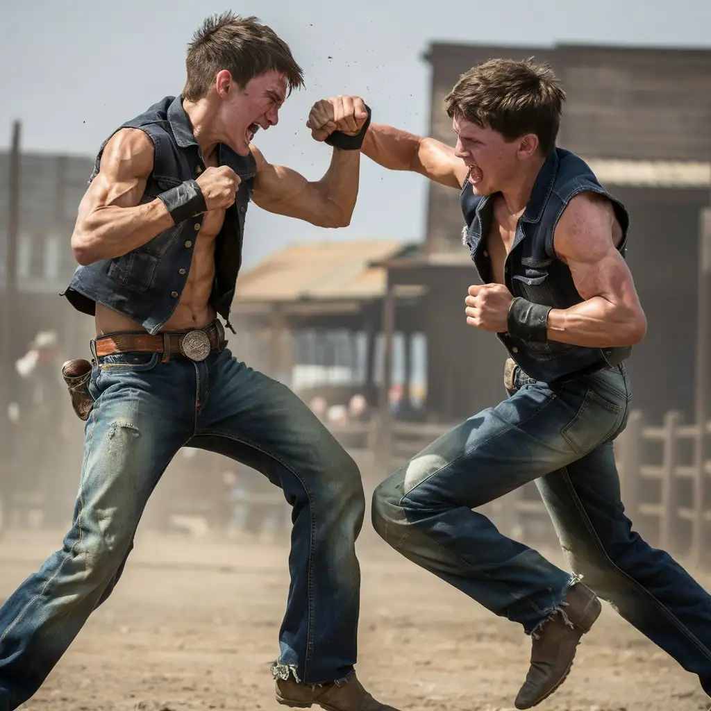two muscular teen cowboys wearing jeans and vest in a fist fight
