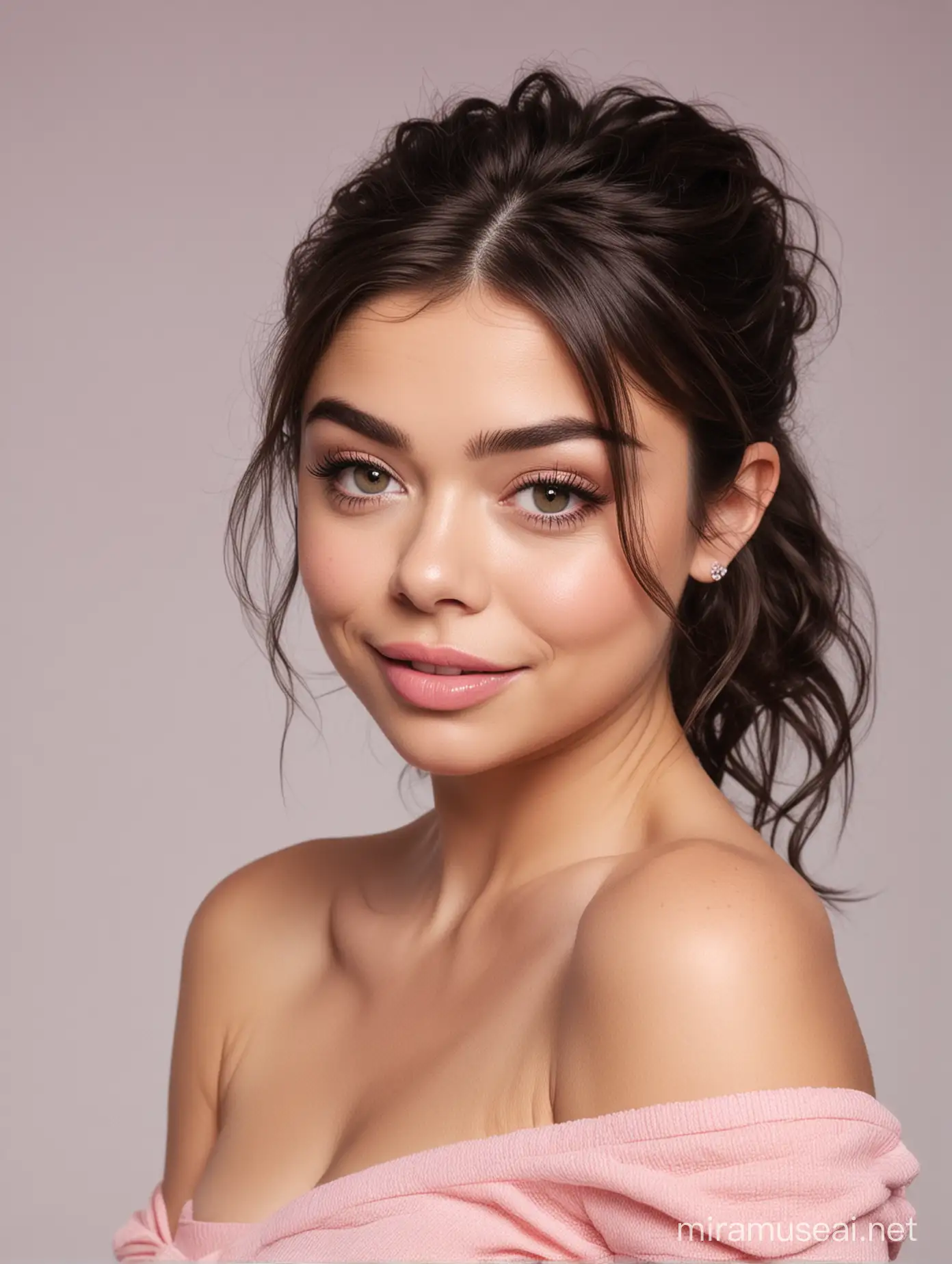 In front of a white background wall, stands an innocent and adorable ((Sarah Hyland)). Her face is round, with a hint of rosy cheeks. She has a full, plump face, reminiscent of a baby’s chubby cheeks. Her eyes are large, round, and expressive, adorned with long eyelashes and a touch of pink eyeshadow. In the frame, she smiles at the camera, her lips closed, highlighting her prominent facial features and athletic physique. Her skin appears smooth and radiant, with a dewy glow. Her jet-black hair cascades beautifully. She wears a pink form-fitting top without shoulder straps, revealing her bare shoulders, arms, and waist. The minimal accessories add an exquisite touch. Below, she dons sheer stockings, showcasing flawless, fair thighs that invite a lingering gaze. The overall composition exudes exceptional quality, with superb attention to detail and crisp rendering.