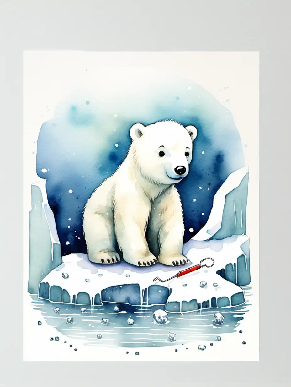 Cute polar bear cub ice fishing, watercolour, minimal