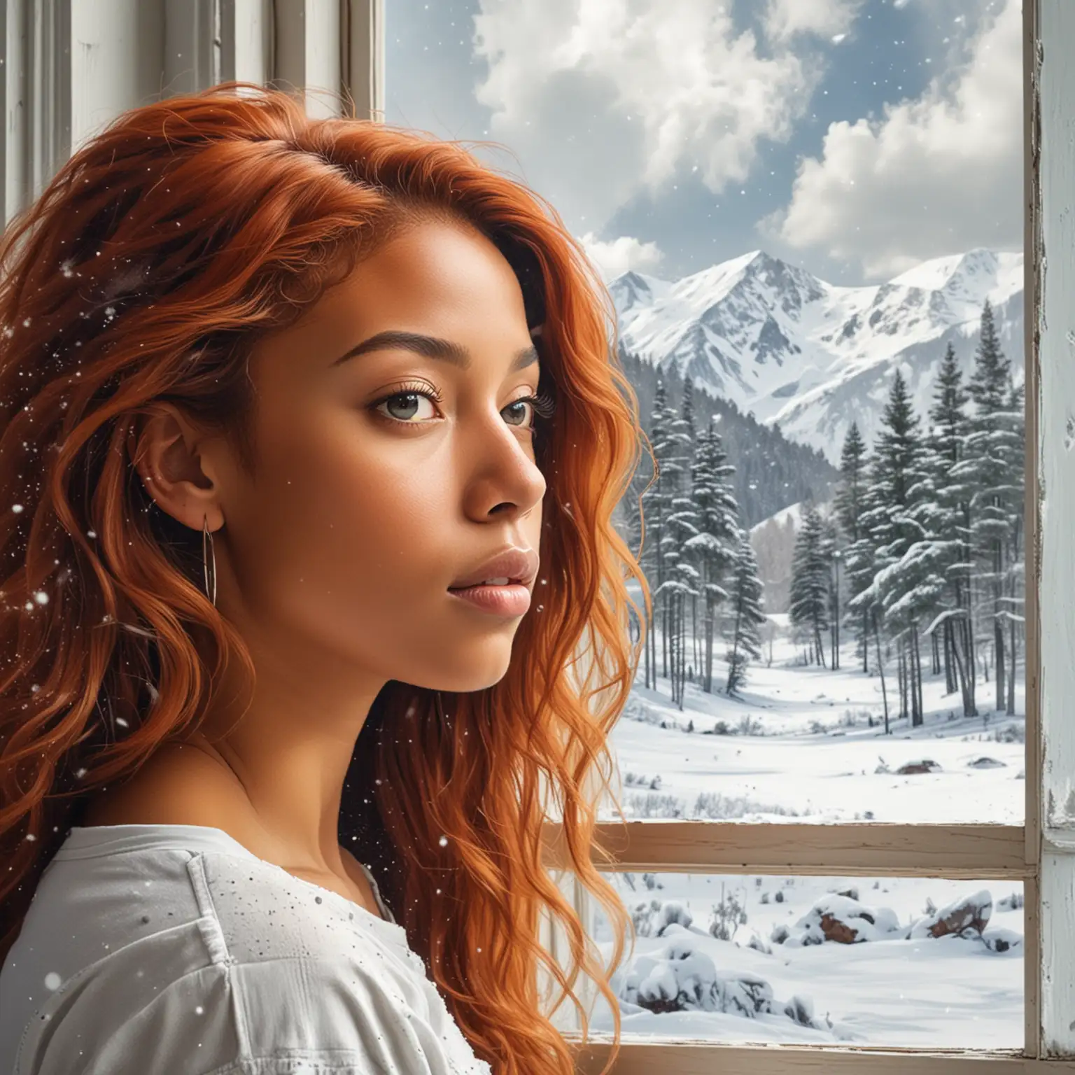 create an abstract Picasso style painting of a young red haired Mulatto Woman looking out of a large picture window at a beautiful snowy landscape


