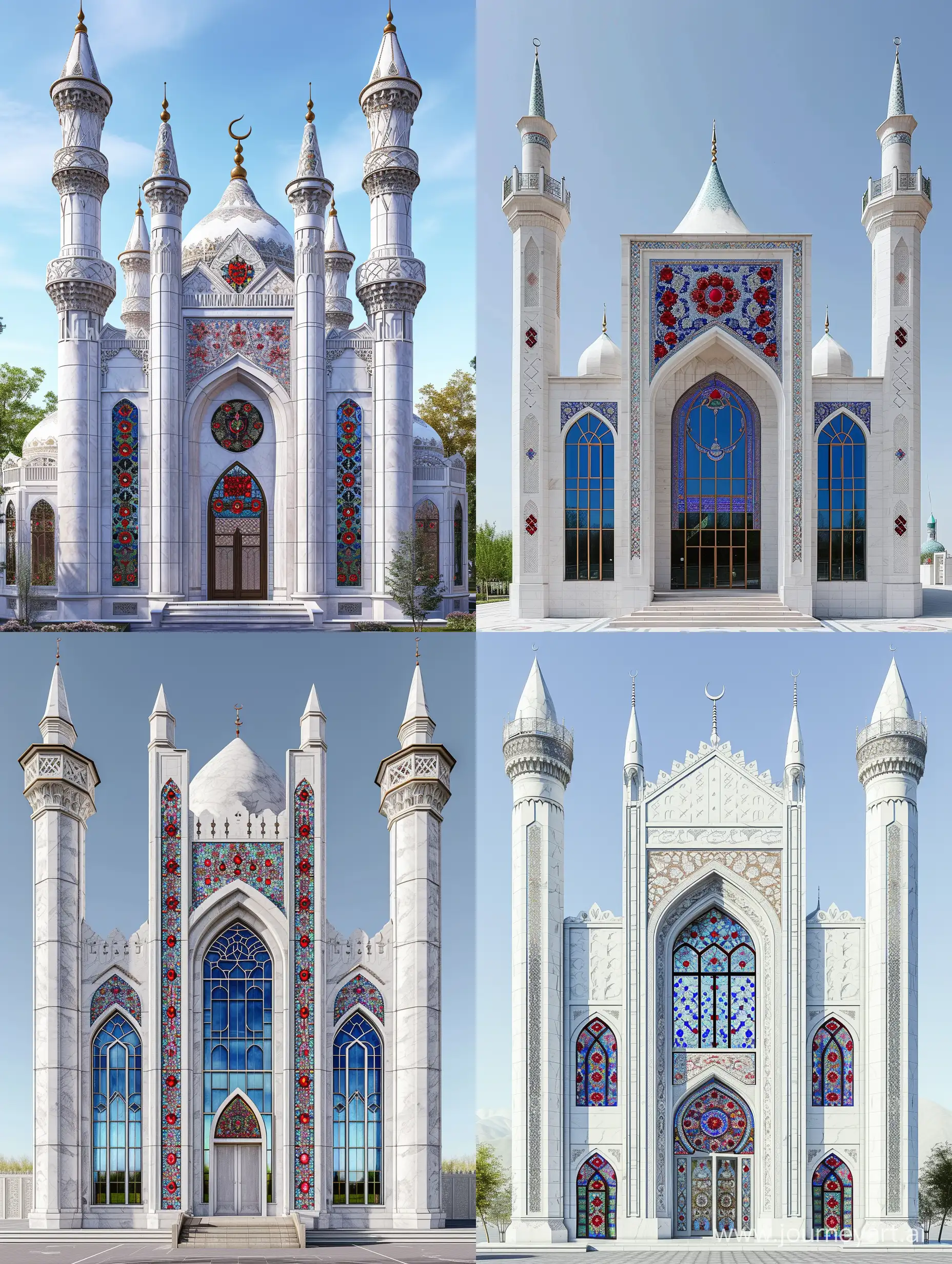 an Uzbekistan style mosque, White marbled exterior, tall iwan, stained glass windows, red blue persian floral motifs on spandrels, red blue gems and rubies embedded on arabesque ornaments, thin spires, full view, front view
