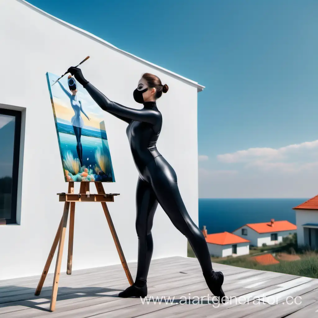 девушка в балетной пачке в акваланге, рисует пейзаж, на фоне стильного дома