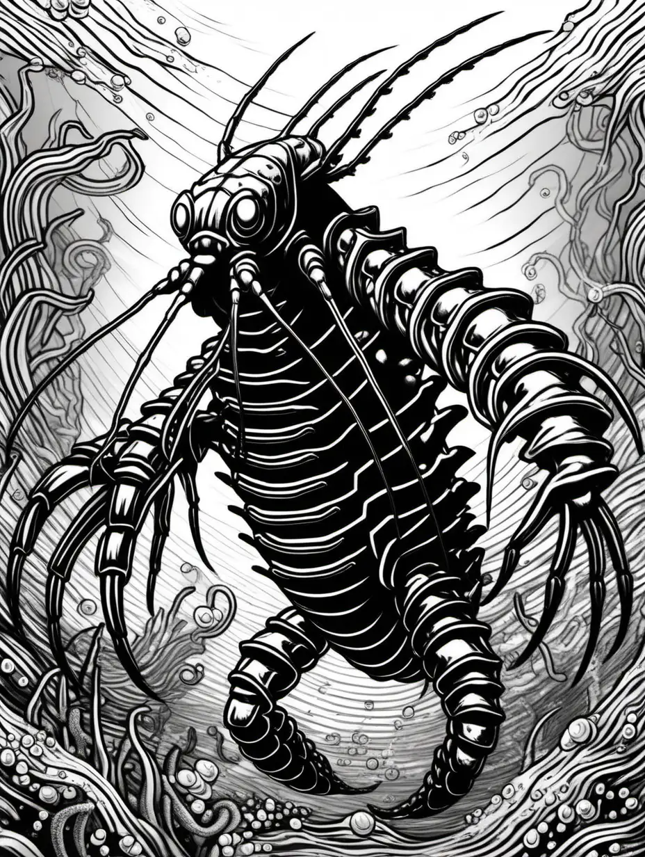 evil lobster warrior, low detail, underwater, sea- floor, black and white, cartoon style,thick lines,no shading, no colour,  