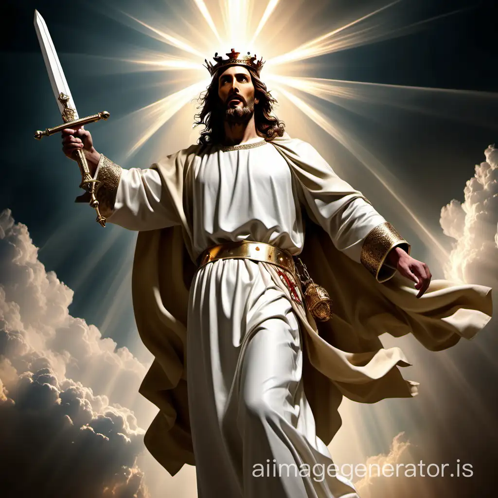 celestial jesus like a medieval christian general going to fight against sinful and degenerate modern society, realistic, leading arms, repent and believe, lives and reigns, christ is the king, sword, light of the world