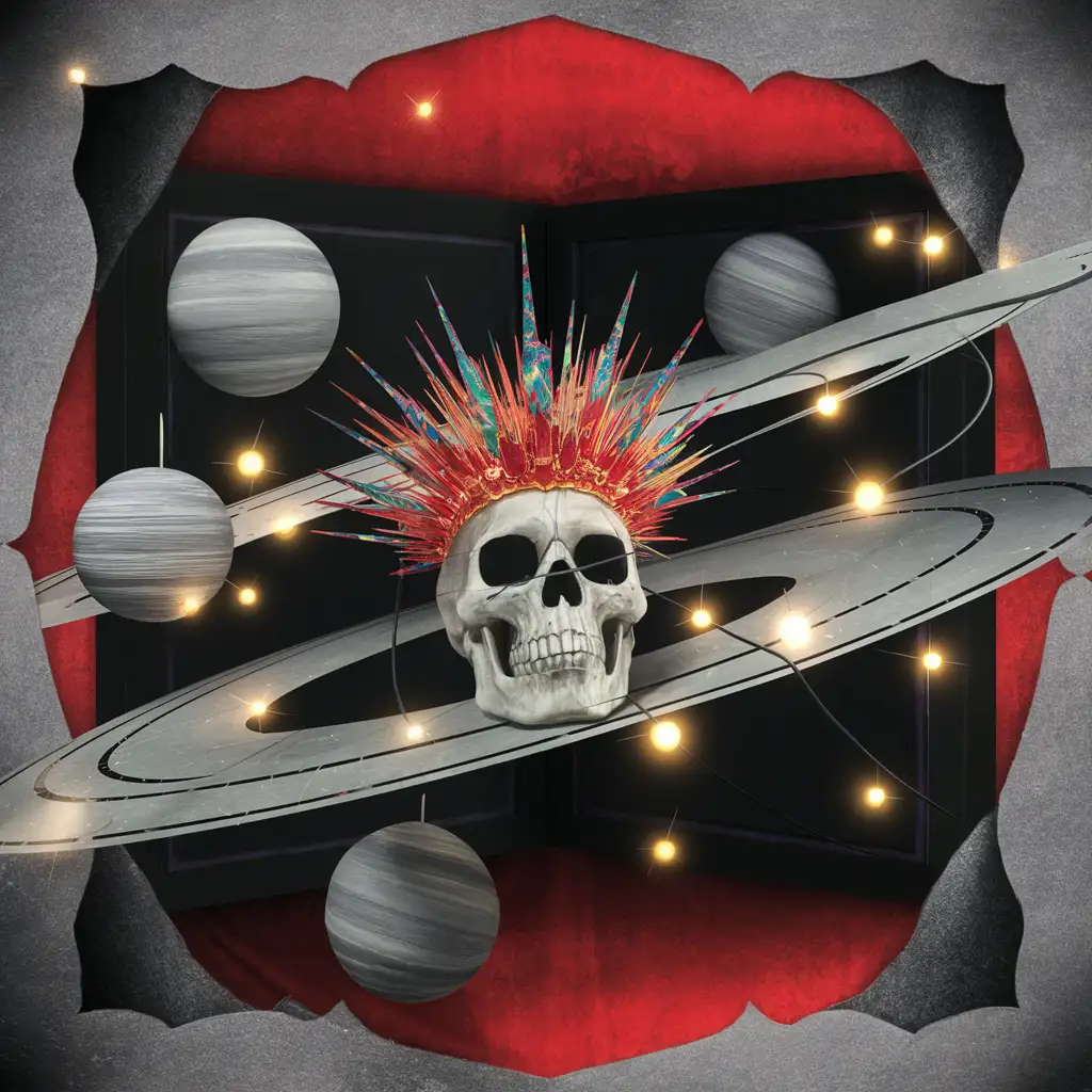 Paper cut out,  like a pop up book. Dreamy cinematic atmosphere. Solar system. Faded red and black, grey colours. Twinkling lights. skull with a explosive hipercolored crown.