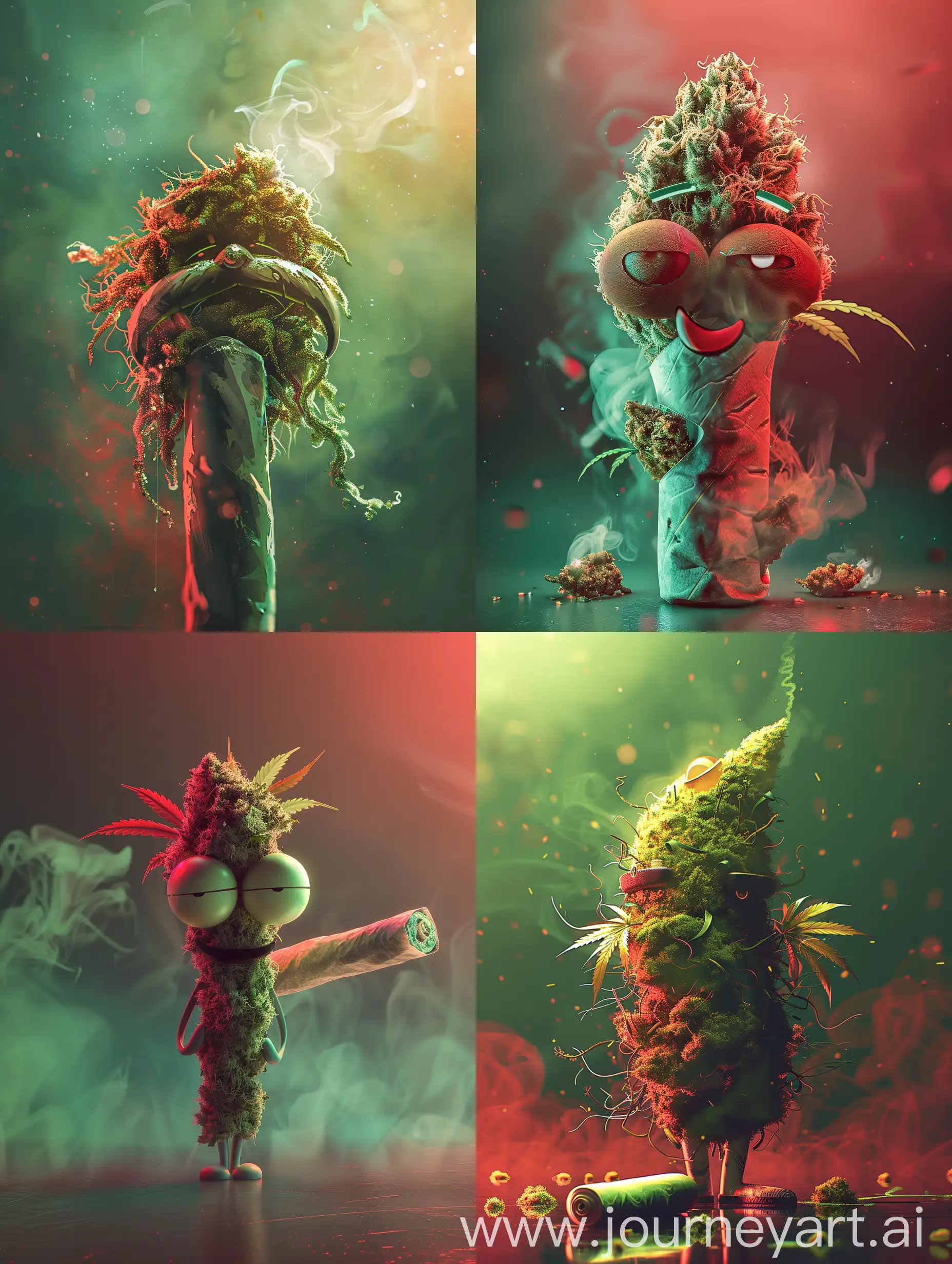 Cartoon character rolled marijuana, fantasi art, with subtle red and green gradients, backlight, pastel colours, sci-fi, realistic.