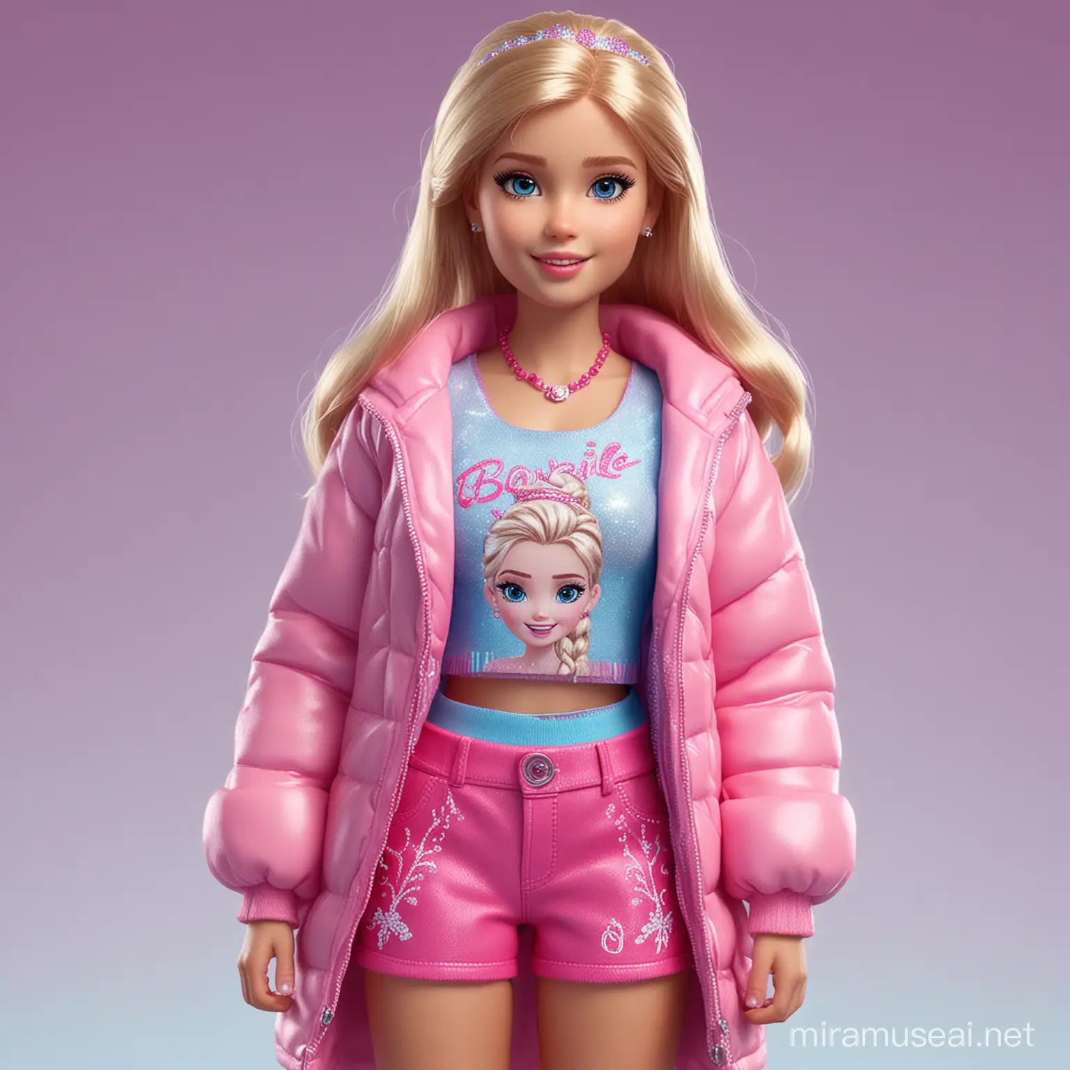hyper realistic girl 10 year old in barbie stijl and frozen outfit full body shot ultra details, facing camera, frozen outfit, full body shot