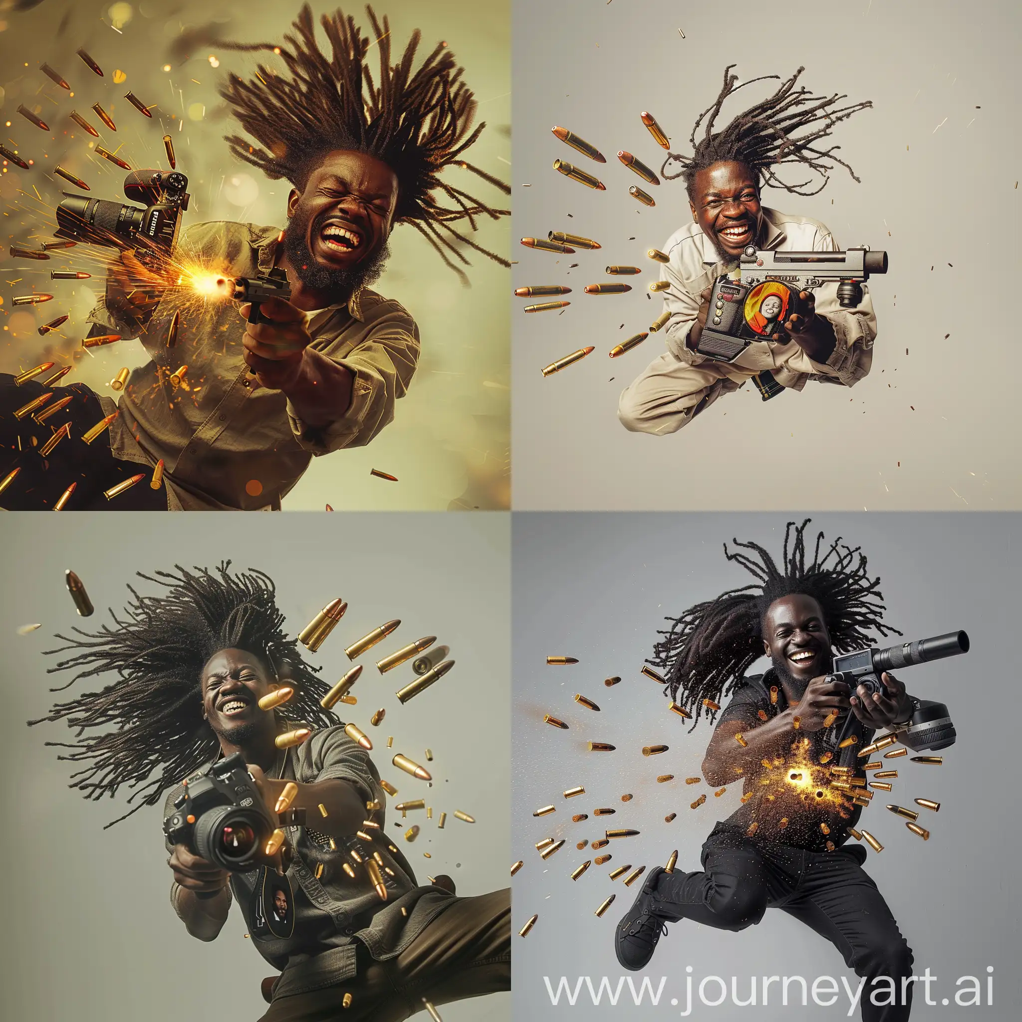 A smiling black African photographer with locked hair spinning midair holding a camera that has a gun like trigger on the side of camera and the camera producing bullets that are unfolding into images and portraits.