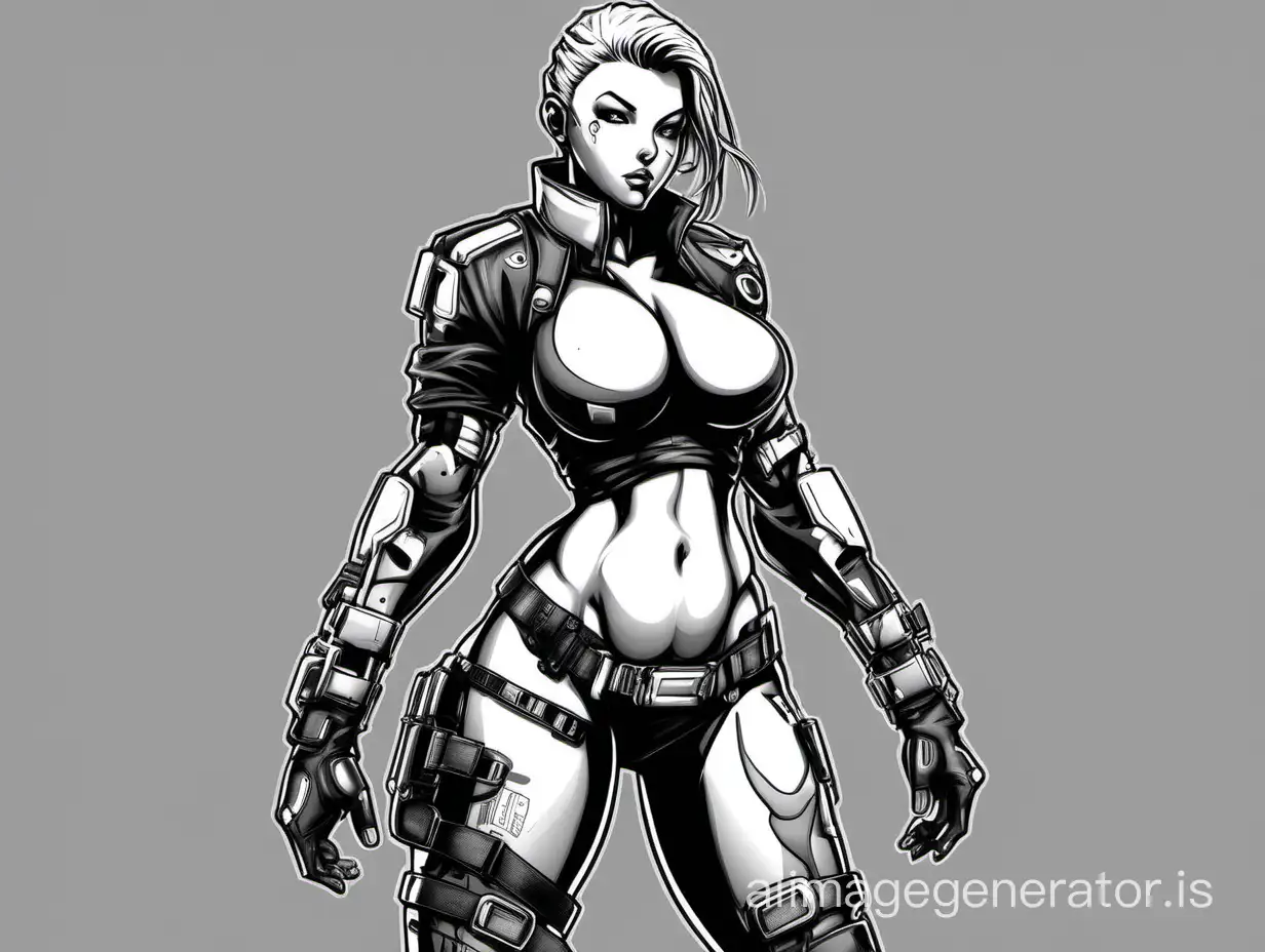 cyberpunk fighter girl, old cartoon visual, huge boobs, bra, perfect body, black and white graphics, full body model, no background