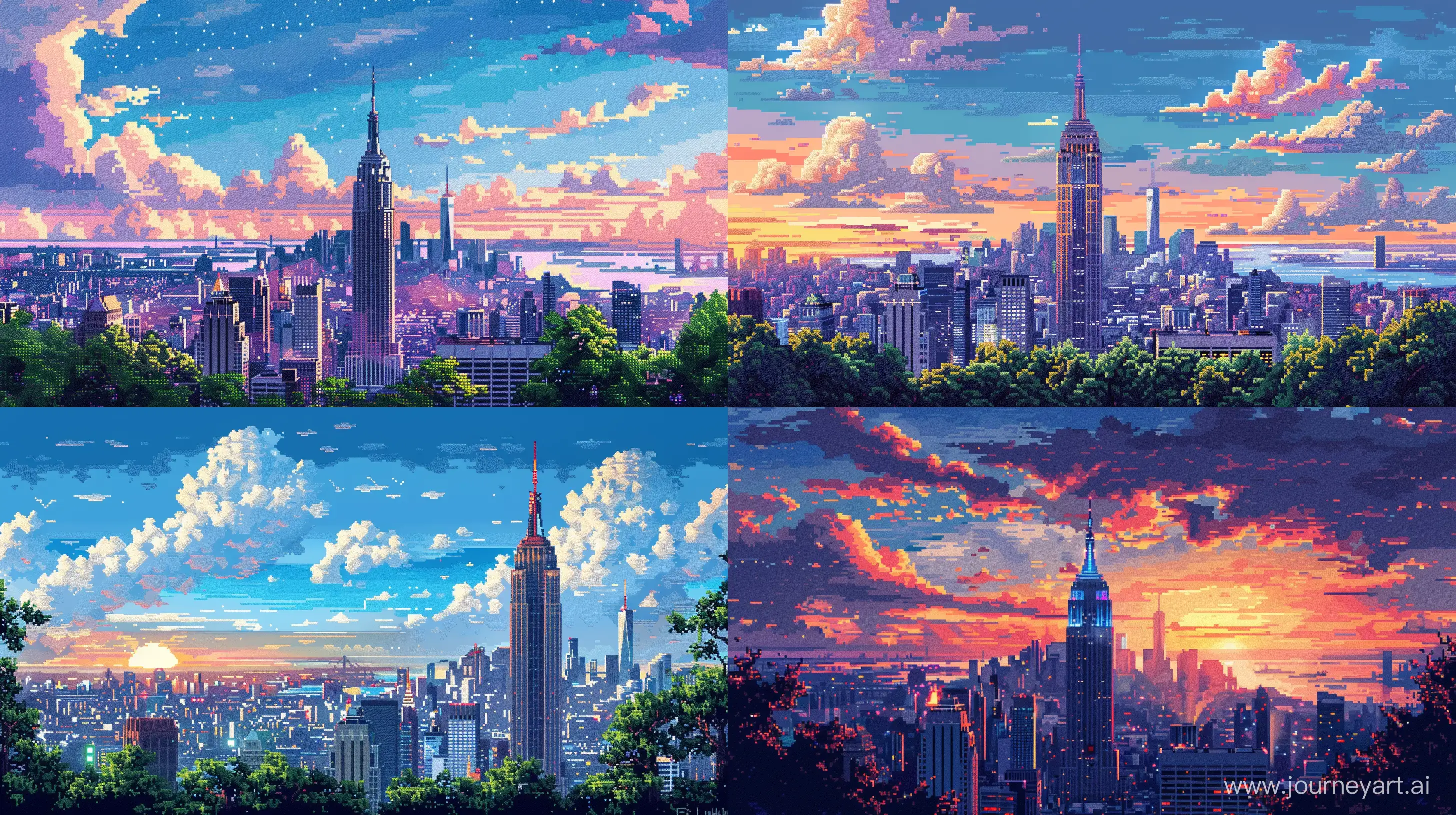 Empire State View Illustration in 8-bit Pixel Art Style, Day Time, Bold Color Details, Extremely Details --s 550 --ar 16:9