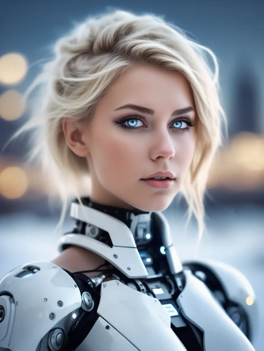 Beautiful Nordic woman, very attractive face, detailed eyes, big breasts, dark eye shadow, glowing white eyes, messy blonde hair, as a robot woman with a futuristic earpiece, close up, bokeh background, soft light on face, rim lighting, facing away from camera, looking back over her shoulder, standing in front of a snowy landscape with a futuristic city off in the distance, photorealistic, very high detail, extra wide photo, full body photo, aerial photo