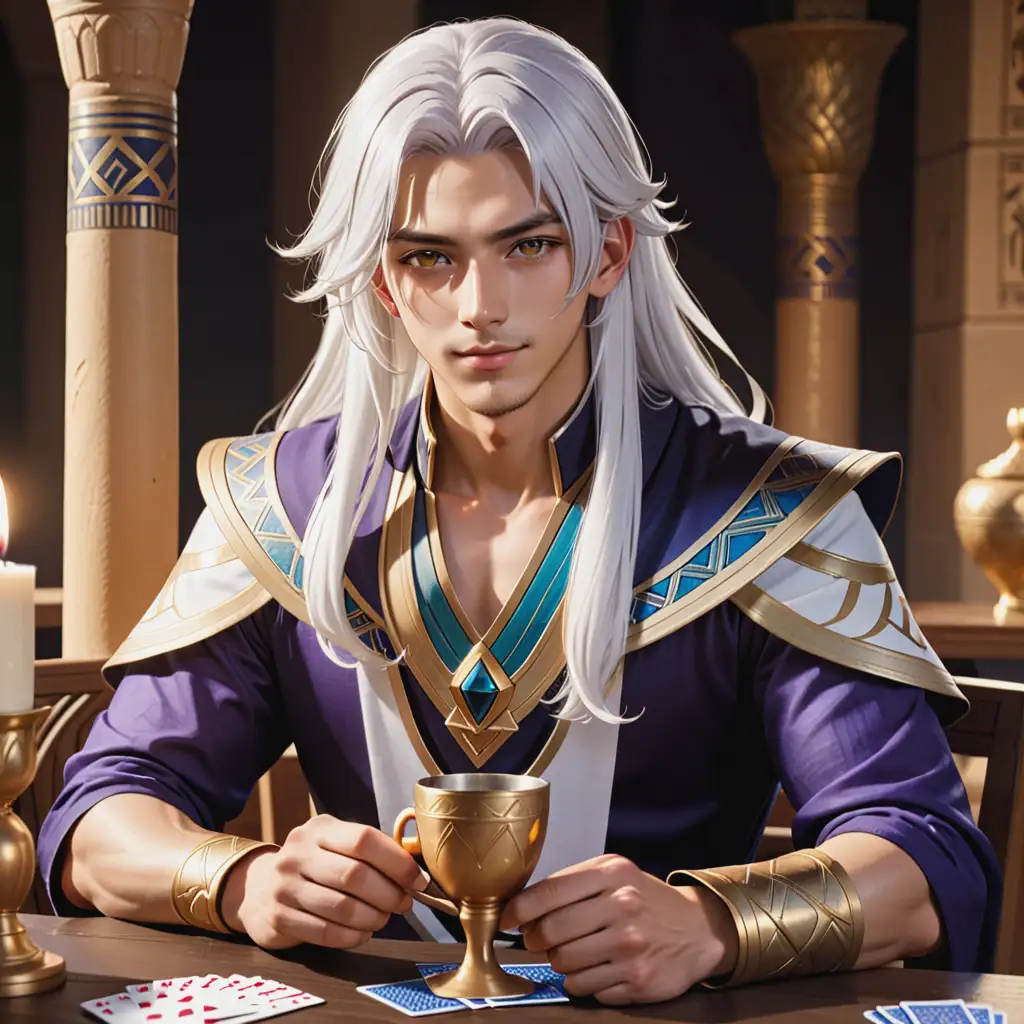 Cyno from Genshin Impact Young Man with Long White Hair and Egyptian Attire Playing Cards