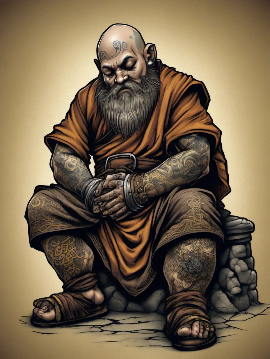 dwarf monk, drunk, depressed, dead caste, strong, tattooed