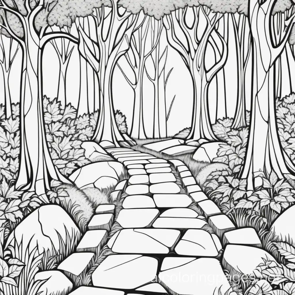 adult gothic forest with a stone walkway, Coloring Page, black and white, line art, white background, Simplicity, Ample White Space. The background of the coloring page is plain white to make it easy for young children to color within the lines. The outlines of all the subjects are easy to distinguish, making it simple for kids to color without too much difficulty