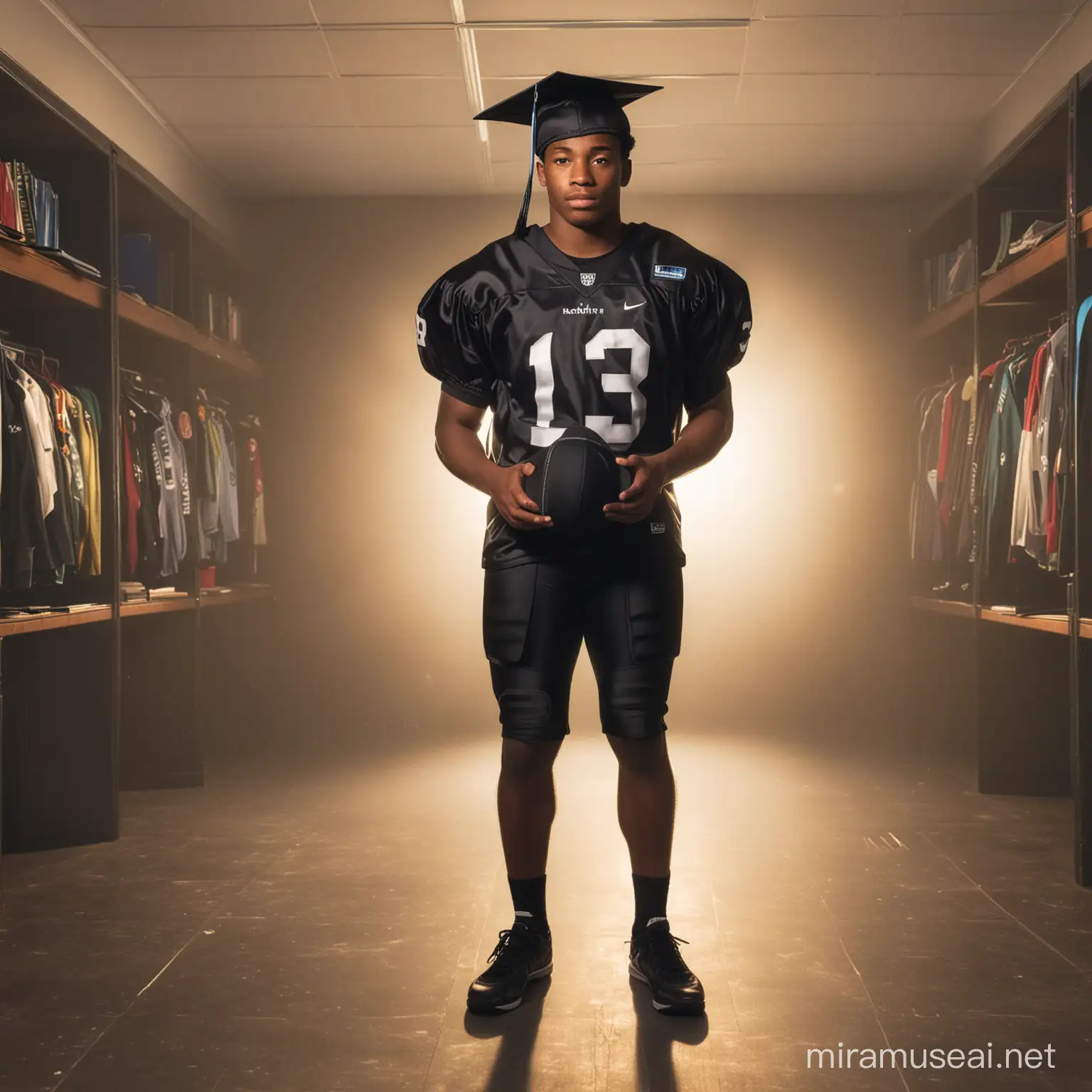 african american high school football player in black  football uniform with black graduation cap. He is standing in a lit up room. He is also holding a graduation gown in one hand behind his back.  Show his entire body.