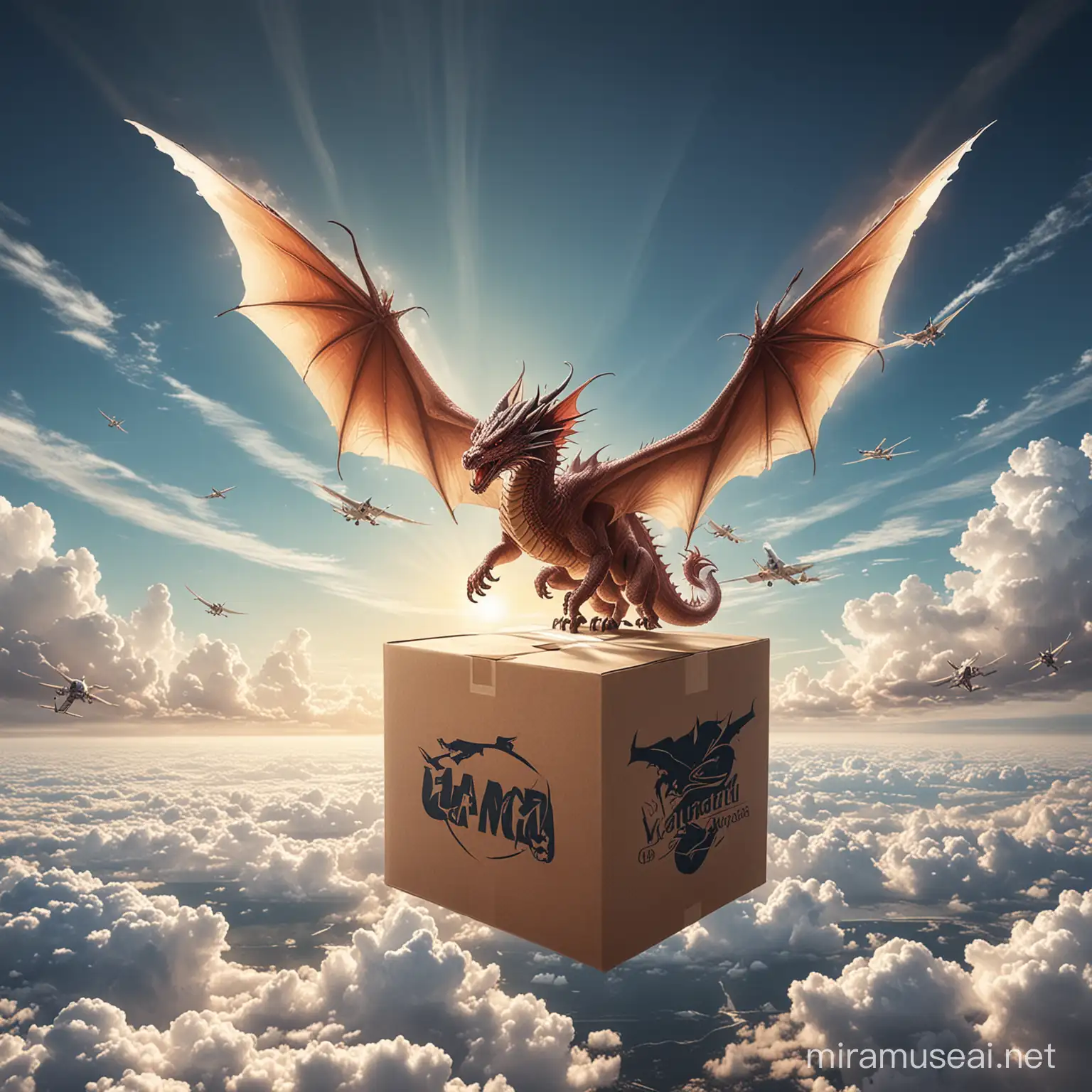 I work in an air logistics company, I need a poster with such a concept that there is a box in the sky and its wings are the wings of a dragon.