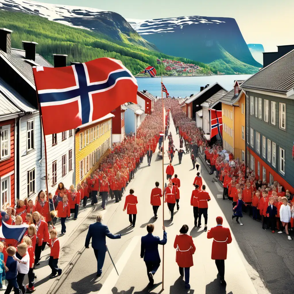 17th of may celebration in norway, norwegian flag, people walking in parade, from the view of a living room window, album cover