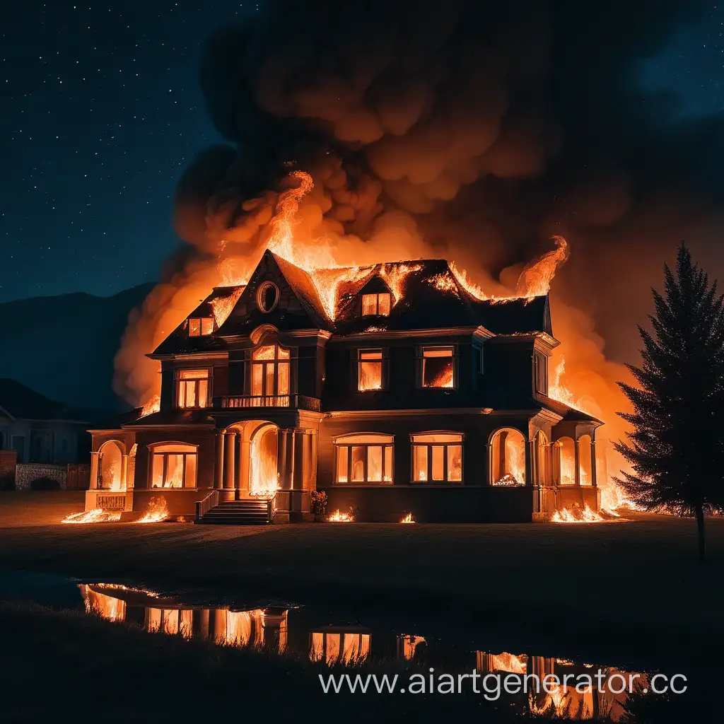 Дом горит по центру на лице ночь все красиво и эстетично 