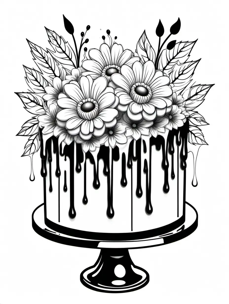 White drip cake style , black outline with the elegance flowers , black and white, a visually stunning cake ,colouring page, white background, white background, colouring page
