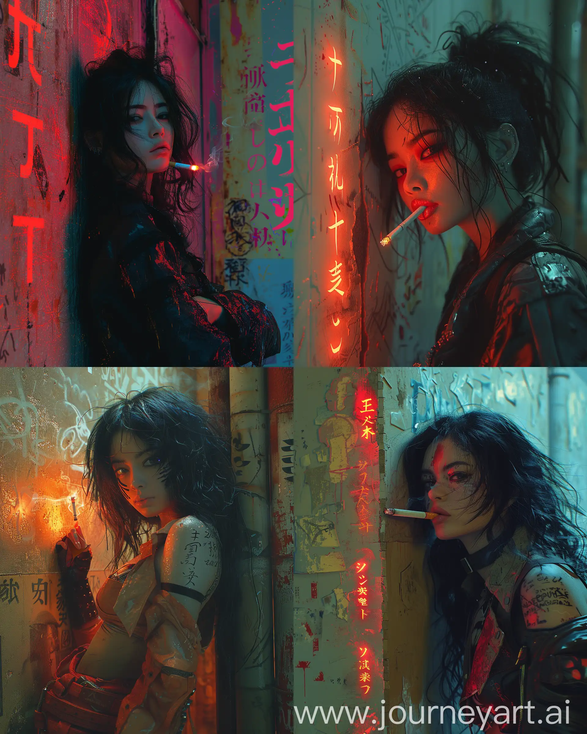 a female punk assassin leaning against a wall, smoking a cigarette, glowing tip, urban, glowing runes,  wabi-sabi art, abstract , punk collage , urbanpunk, flowerpunk, random textures, random graffiti strokes, kanji characters, surreal artwork, Impermanence moody, digital illustration, melancholy, macabre, by suehiro maruo and junji ito --ar 4:5 --s 750