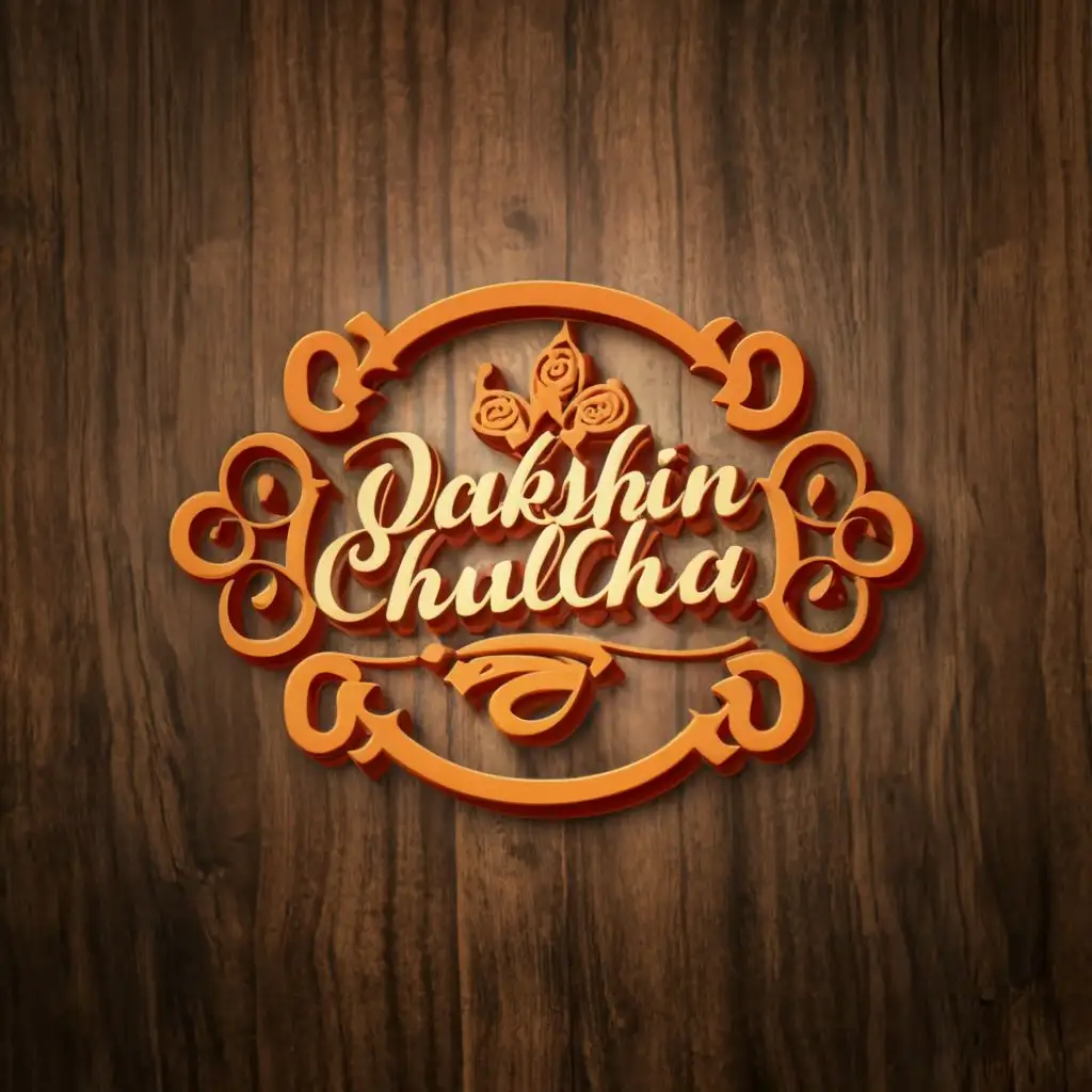 logo, 3d design for restaurant, with the text "Dakshin Chulha", typography