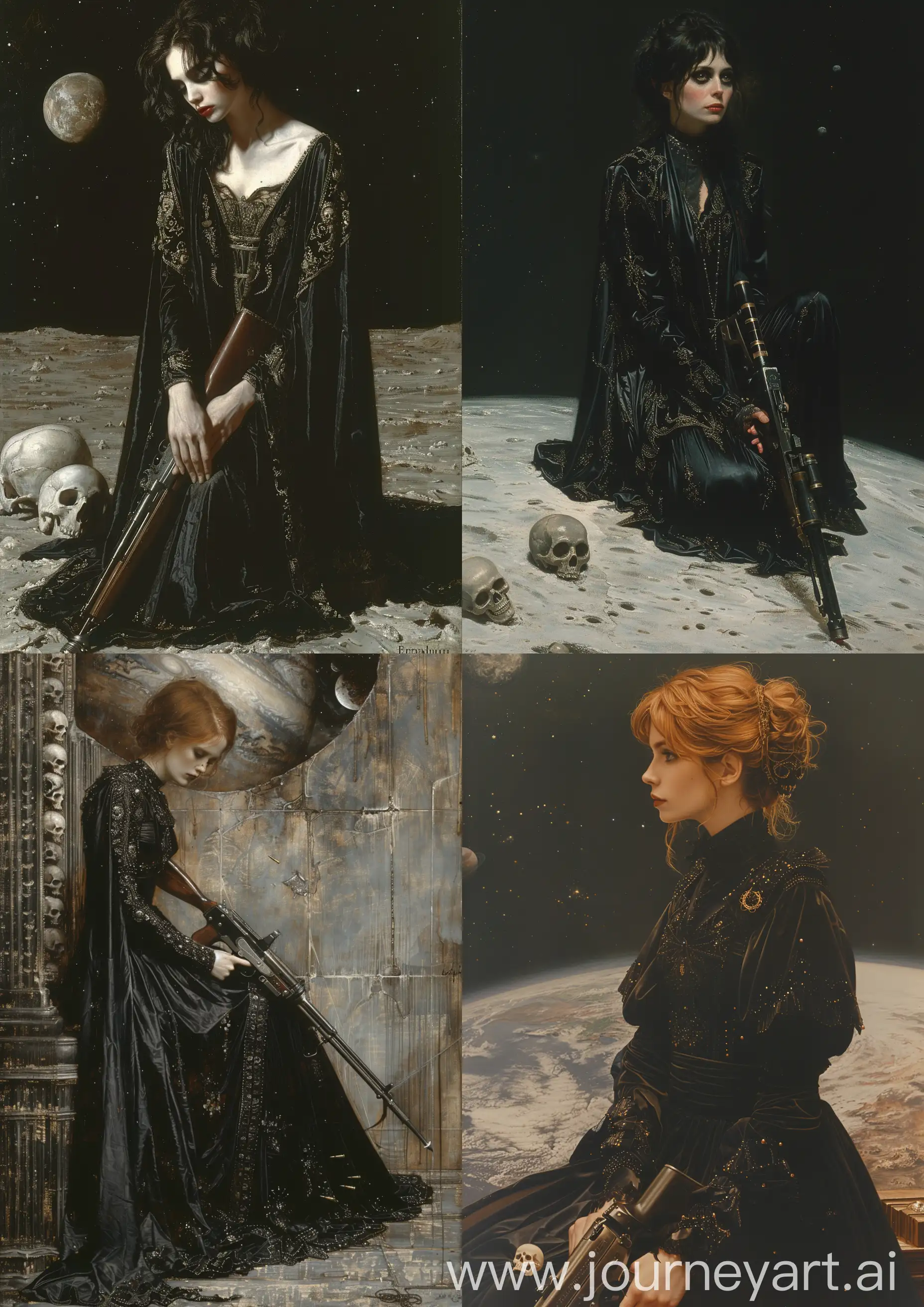 Edward Burne-Jones painting of  a beautiful female vampire standing in the space sitting on the planet earth, wearing in black ornate in skulls and silk robes, welding a kalashnikov riffle, a dark tone, full body, detailed, --c 22 --s 750 --v 6.0 --ar 5:7
