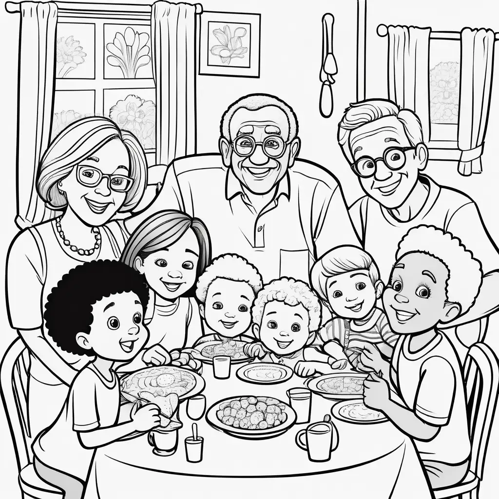 colouring book cartoon image of cute mixed race family of 7 grandparents parent and children during easter dinner happy and celebrating