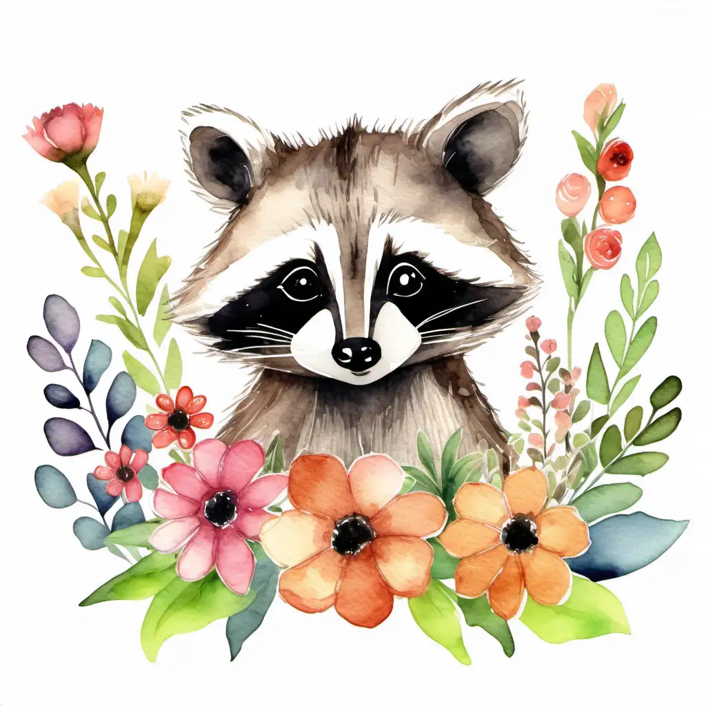 Charming Watercolor Clipart Adorable Raccoon Surrounded by Blooming Flowers