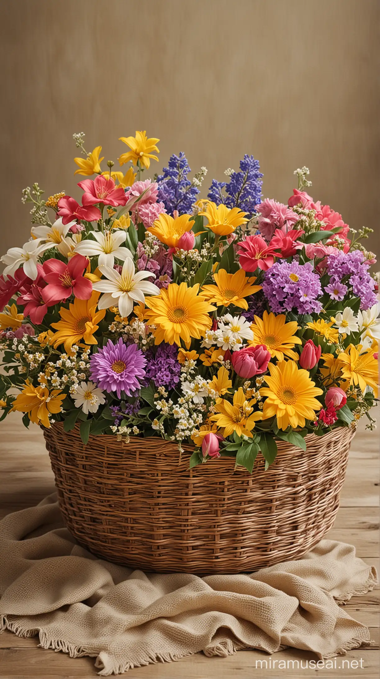 Vibrant SpringSummer Flower Basket with Golden Accents