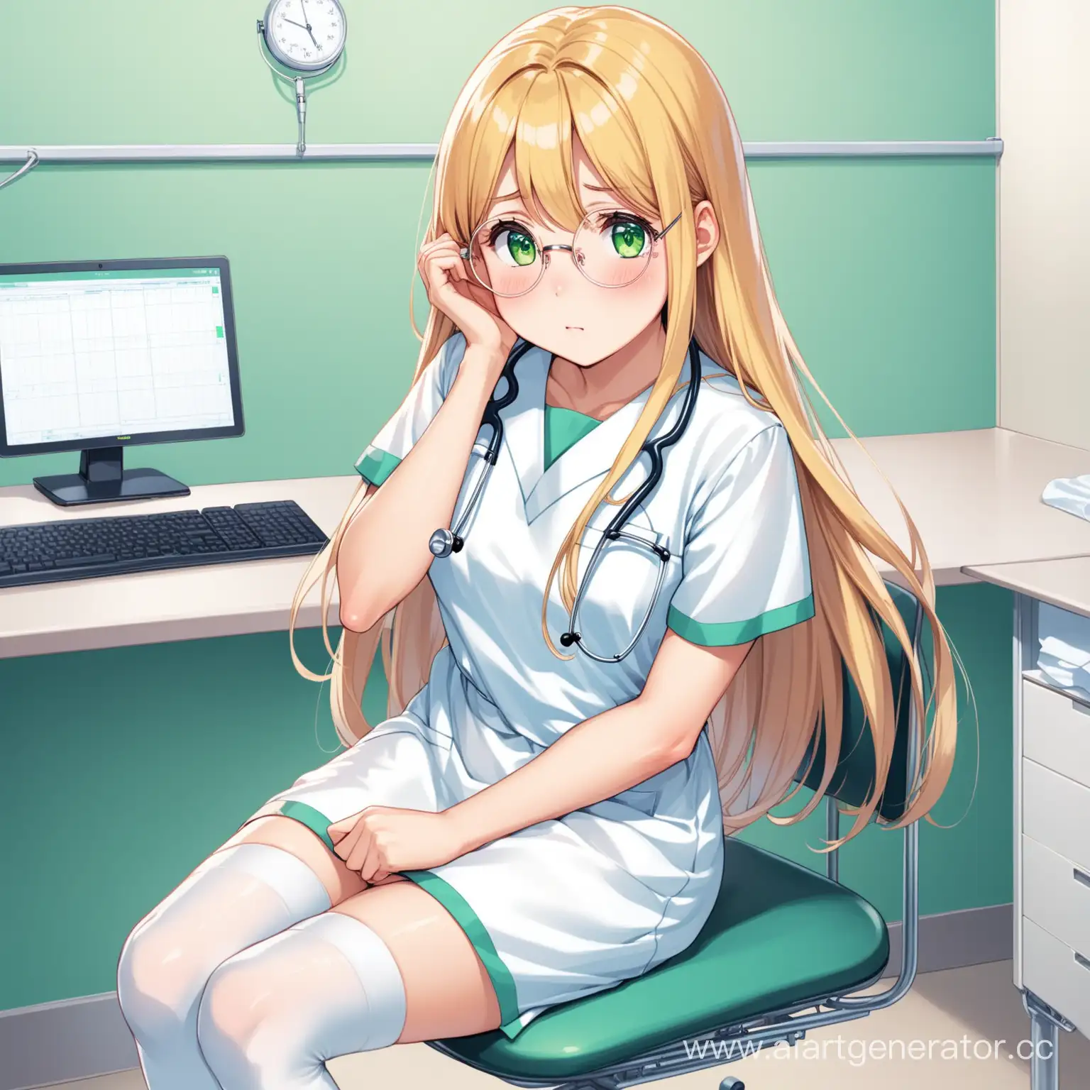 Cute-Blonde-Girl-in-Medical-Dress-at-Hospital-Desk