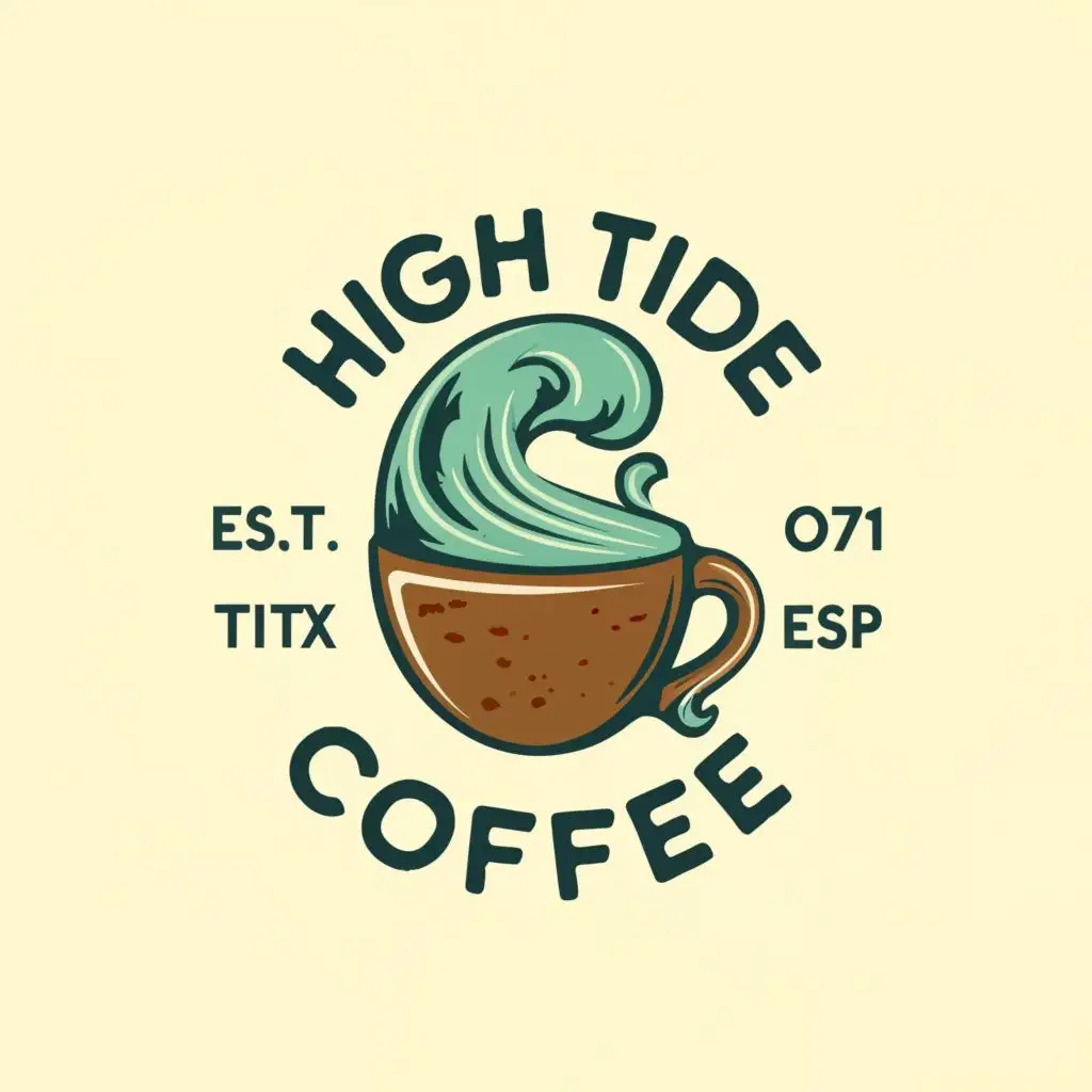 a logo design,with the text "High Tide Coffee" on the coffee mug, main symbol:I want it to be a coffee mug that has our name on the coffee mug. I want a wave coming out of the coffee mug . ,complex,be ,clear background