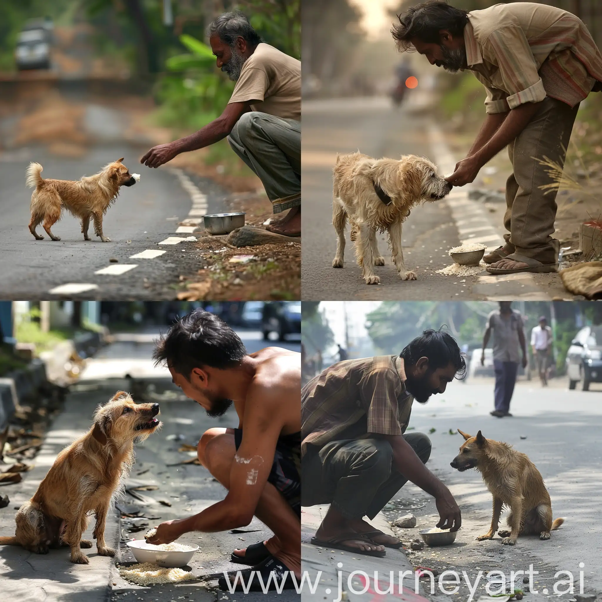 Compassionate-Act-Man-Giving-Rice-to-Stray-Dog-on-Roadside