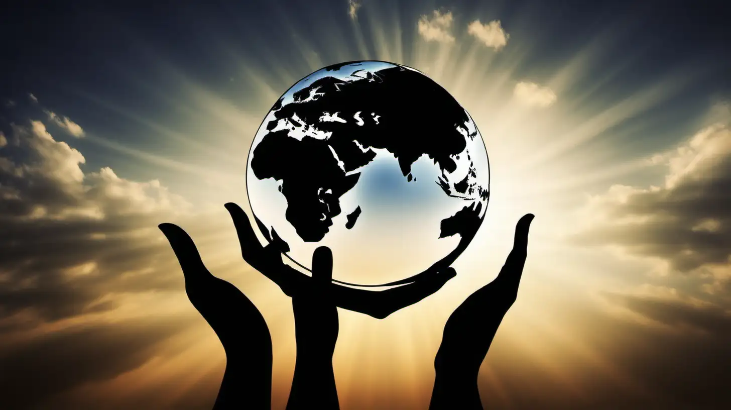 Silhouetted hands releasing a world sphere into the sky, symbolizing global aspirations and dreams.