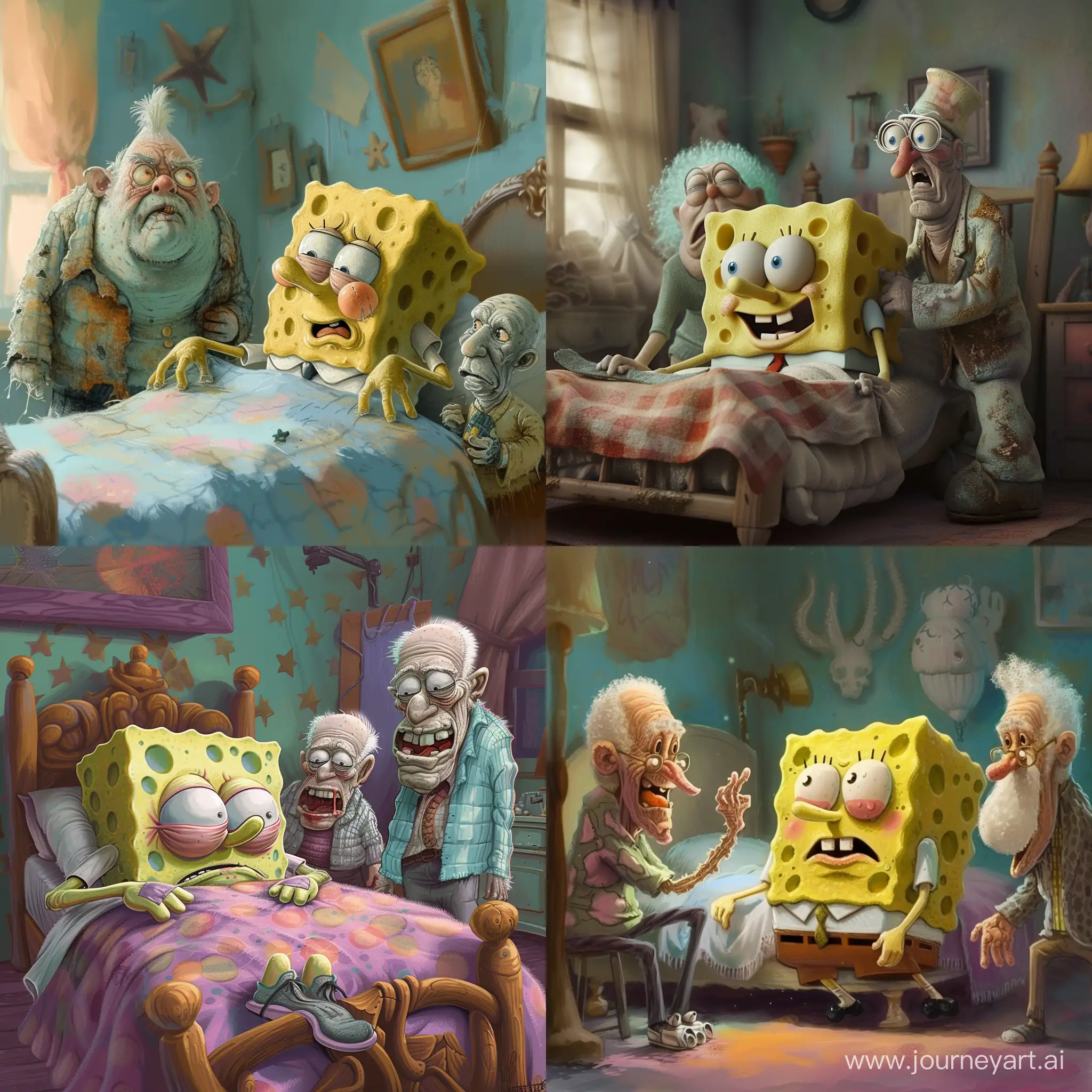 Create an image of an elderly, weak spongebob squarepants bedbound, as his elderly patrick and squidward friends watch him.