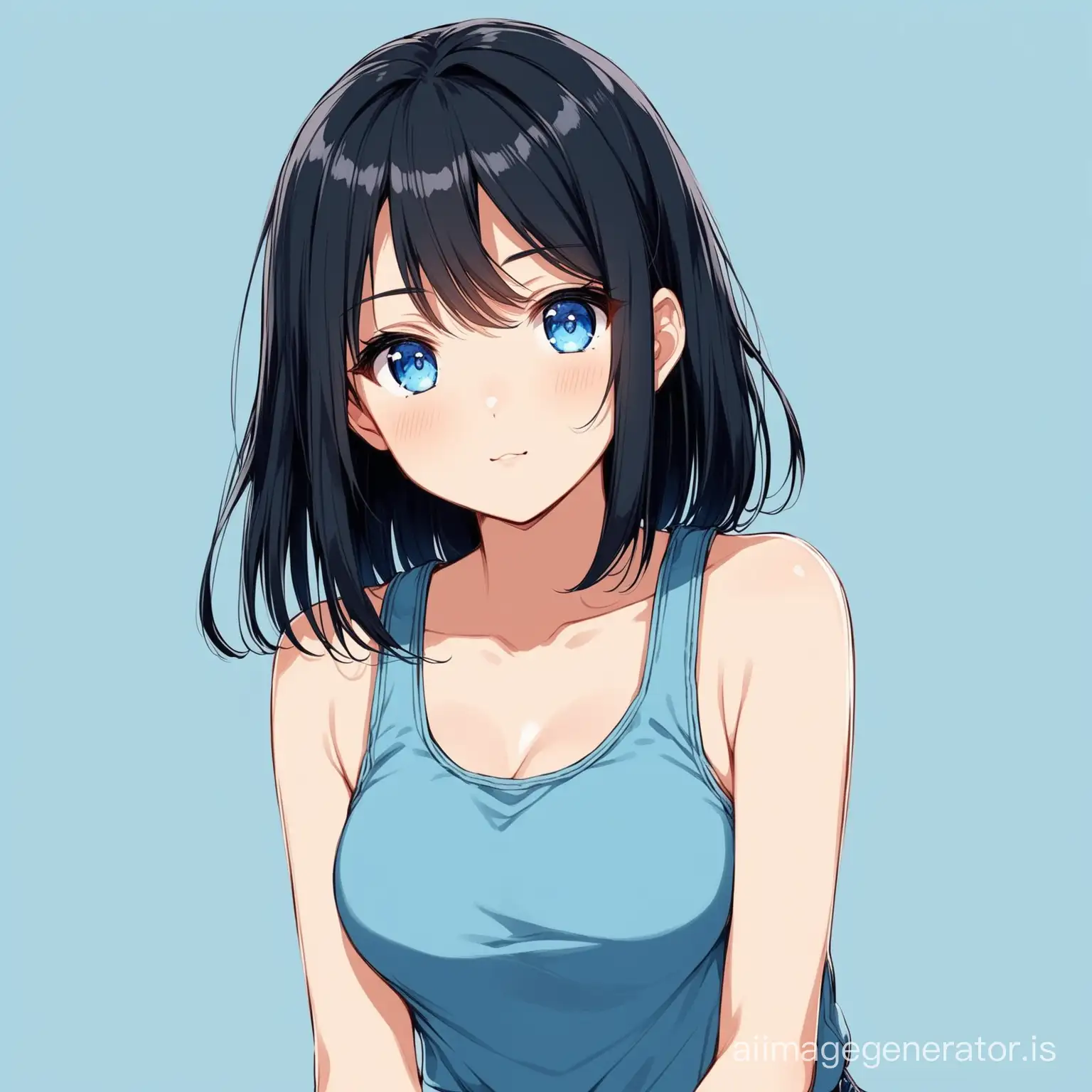 A cute anime girl with black hair and blue eyes in a tank top and blue jeans