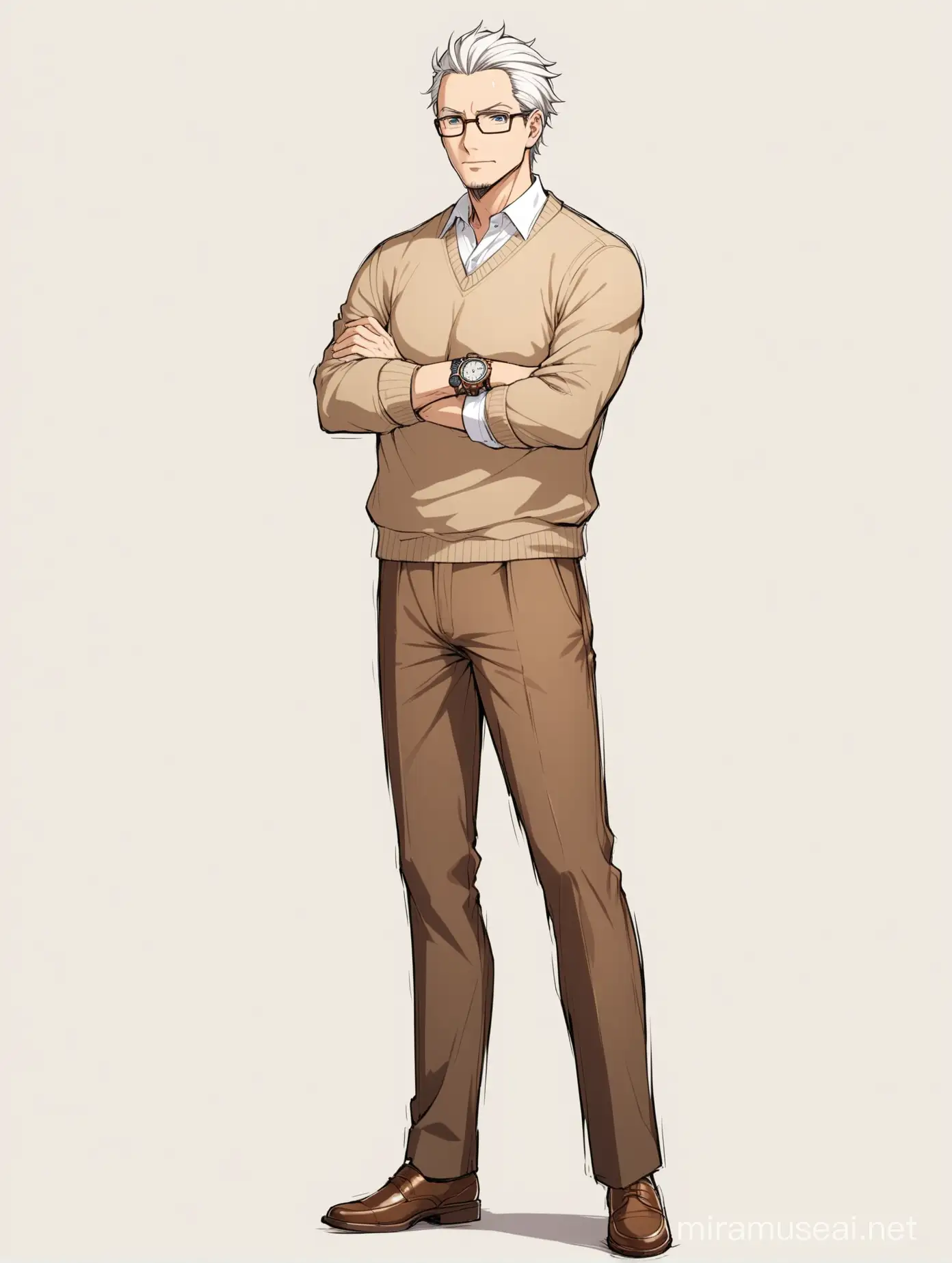 White background: full body A handsome anime man in his forties, with white hair combed back, wearing glasses, a white shirt with a brown sweater over it, brown pants, and brown shoes. He wears a watch, and his face shows intelligence. He crosses his arms.