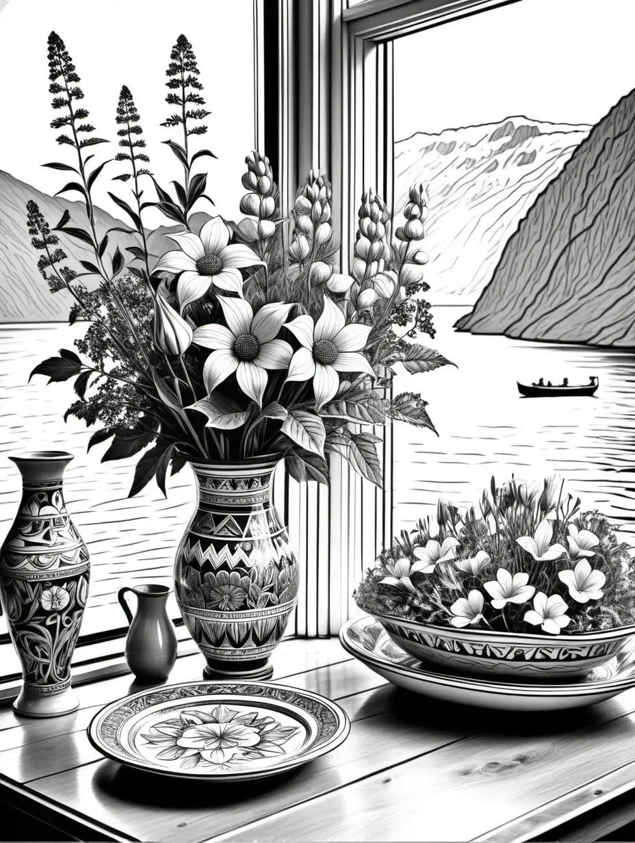 black and white, adult coloring book style drawing, highly detailed, white background, focus on large flower arrangement with native norwegian flowers in simple pottery sitting on a table in front of a window, scene includes a norwegian fjord and boats:: decorative norwegian items on table